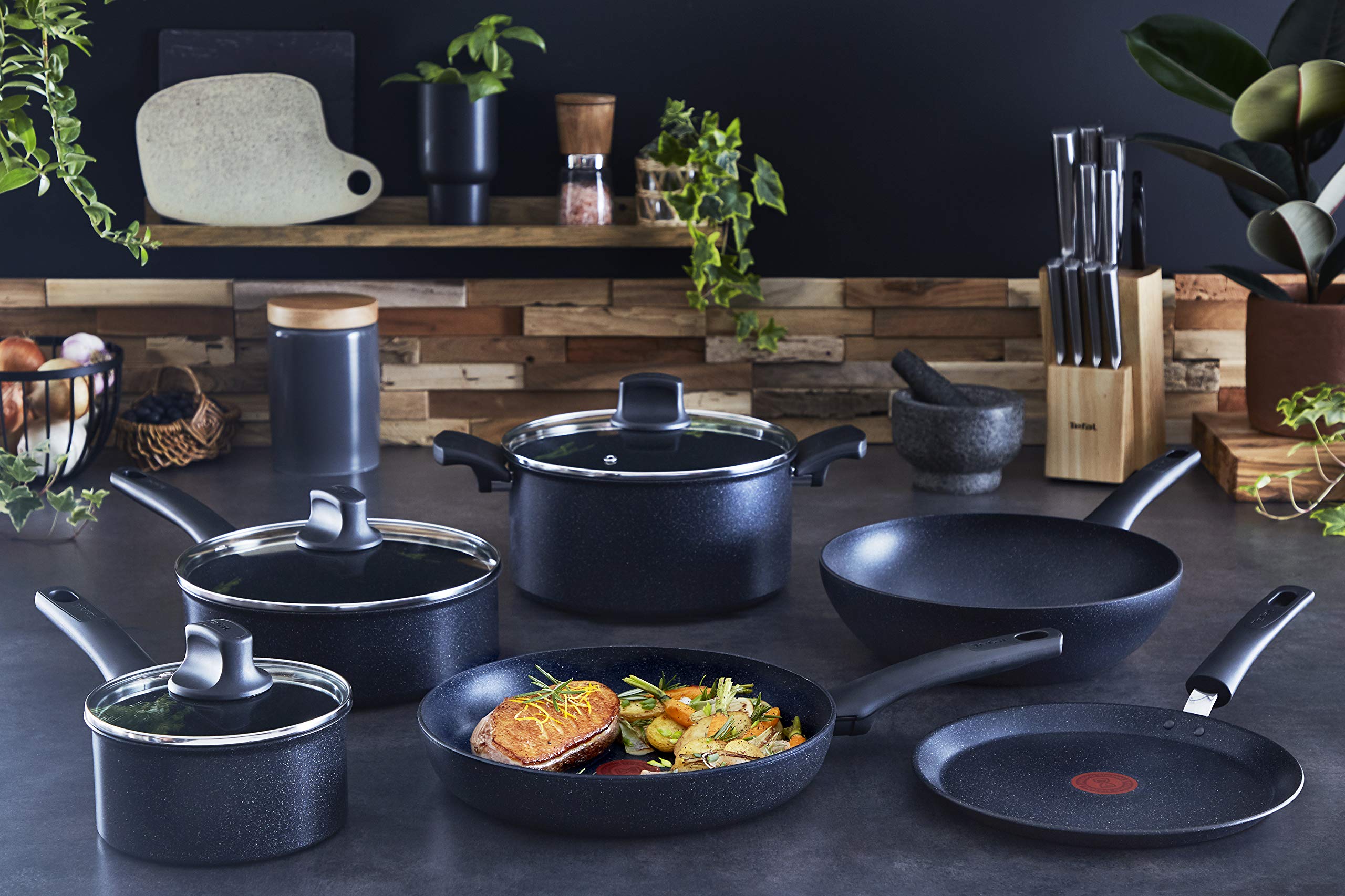 Tefal G28119 28cm Black Stone Wok - Non-Stick Mineralia Coating, Induction Compatible, Thermal Spot Indicator - Healthy Cooking, Durable Aluminum Pan for Stir Fry, Sauté & Asian Cuisine