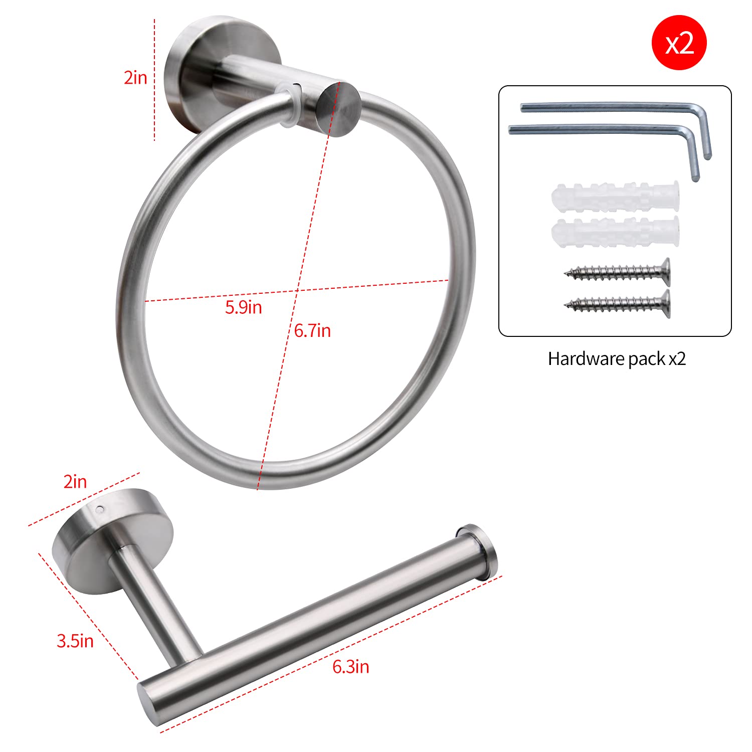 2-Piece Brushed Nickel Toilet Paper Holder and Towel Ring Set - Durable Stainless Steel Bathroom Hardware with Mounting Kit - Perfect for Modern Bathroom & Kitchen Decor (Brushed Nickel Finish)