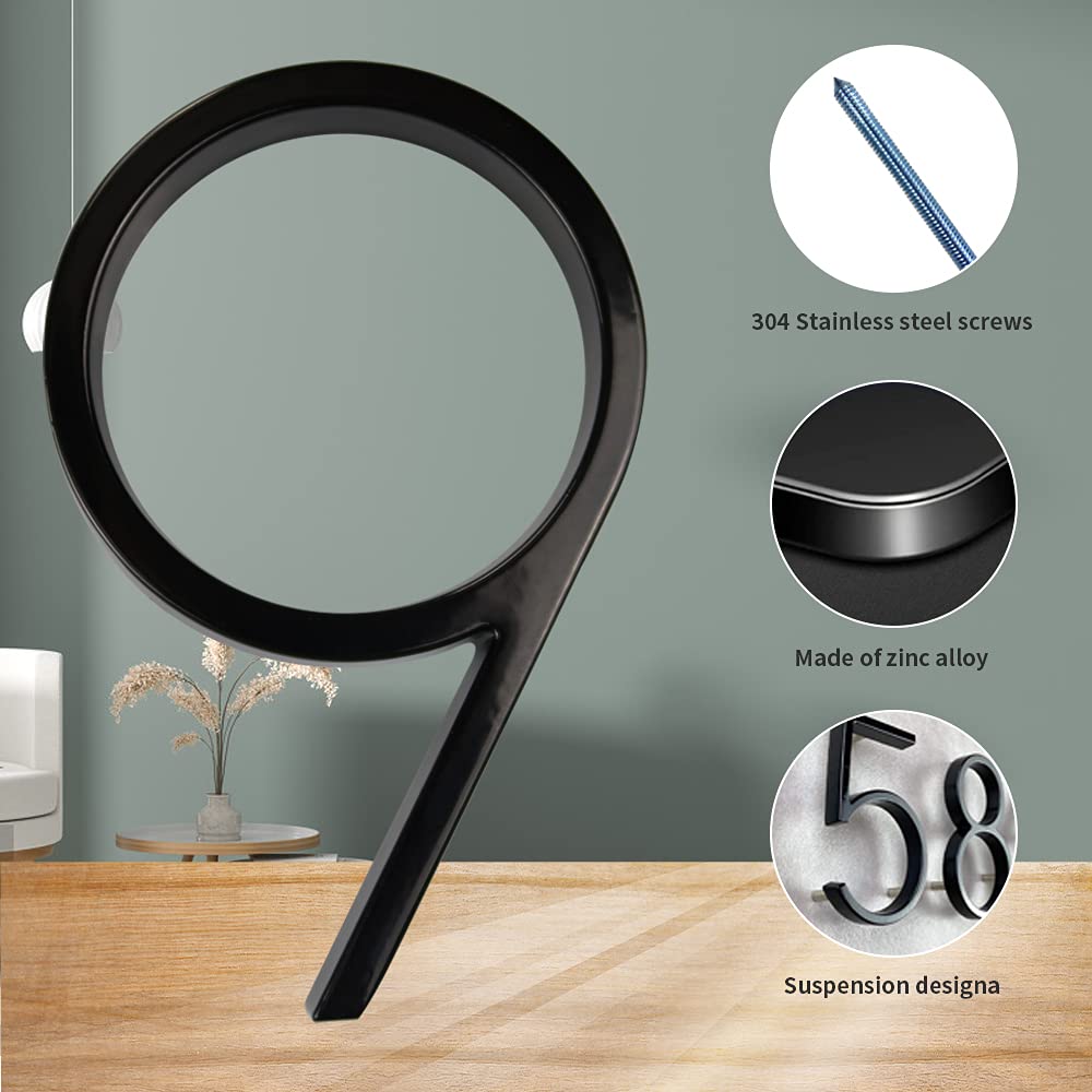 Modern Floating House Numbers 5 Inch - Deamos Zinc Alloy Reflective Address Plaque for Home (Black, #9) - Perfect for Mailbox, Front Door, and Outdoor Property Identification