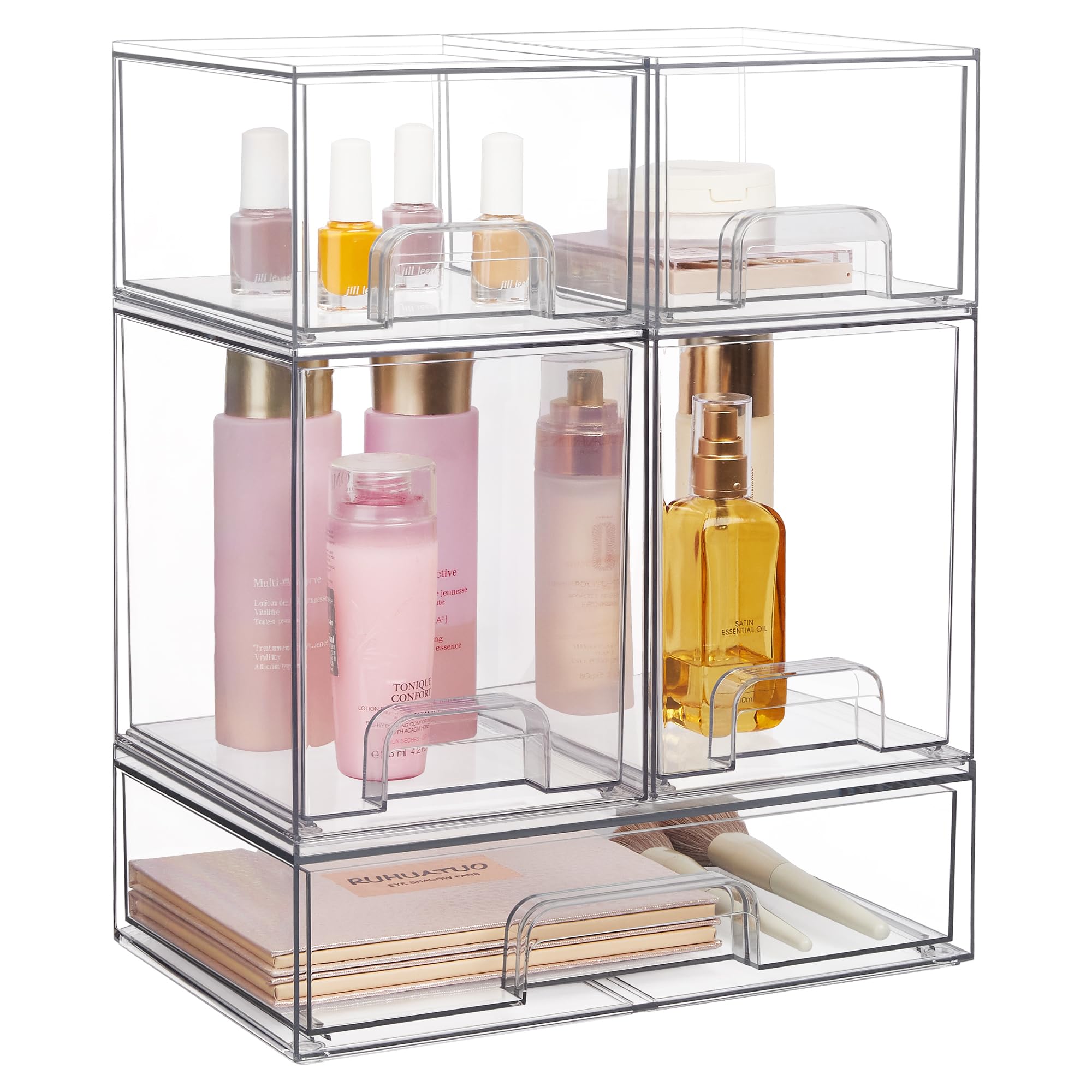 Vtopmart 5-Piece Clear Plastic Stackable Storage Drawers Set - Organizer Bins for Beauty Supplies, Makeup, Cosmetics | Perfect for Vanity, Bathroom, Cabinet, Pantry & Closet Organization (Space-Saving Home & Office Storage Solution)