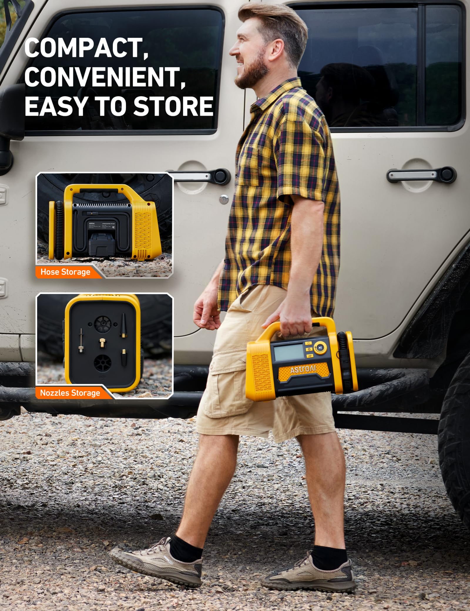AstroAI TC3 150PSI Portable Air Compressor - Digital Tire Inflator for Cars, Trucks, SUVs & RVs | Heavy Duty Offroad Air Pump with LCD Display | Ideal for Road Trips, Emergency Flat Tires & 4x4 Adventures (Yellow)