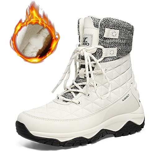 Waterproof Winter Snow Boots for Men & Women - Warm Anti-Slip Ski Shoes with Fleece Lining for Hiking & Outdoor Activities | White Fleece Size 10 | Perfect for Snow Sports, Mountain Trekking & Cold Weather Adventures