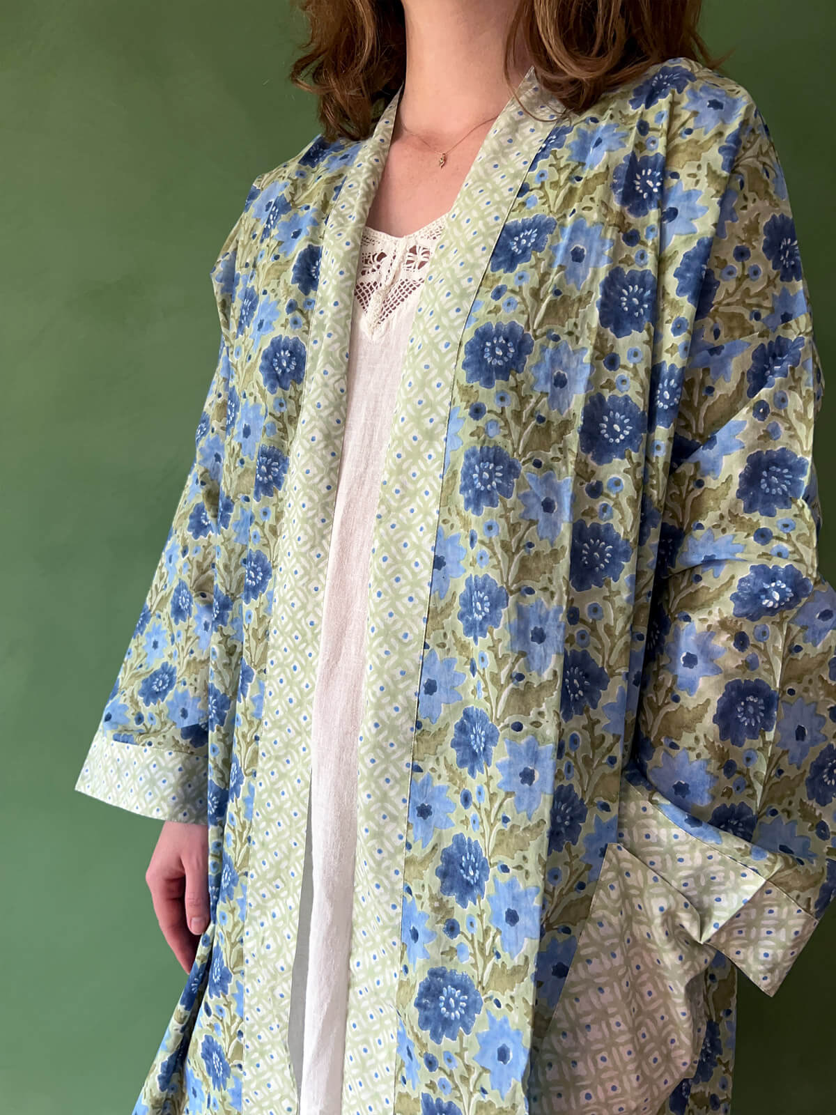 Handmade Block Print Cotton Robe for Women - Soft Sage Green Loungewear for Spa, Yoga & Relaxation at Home