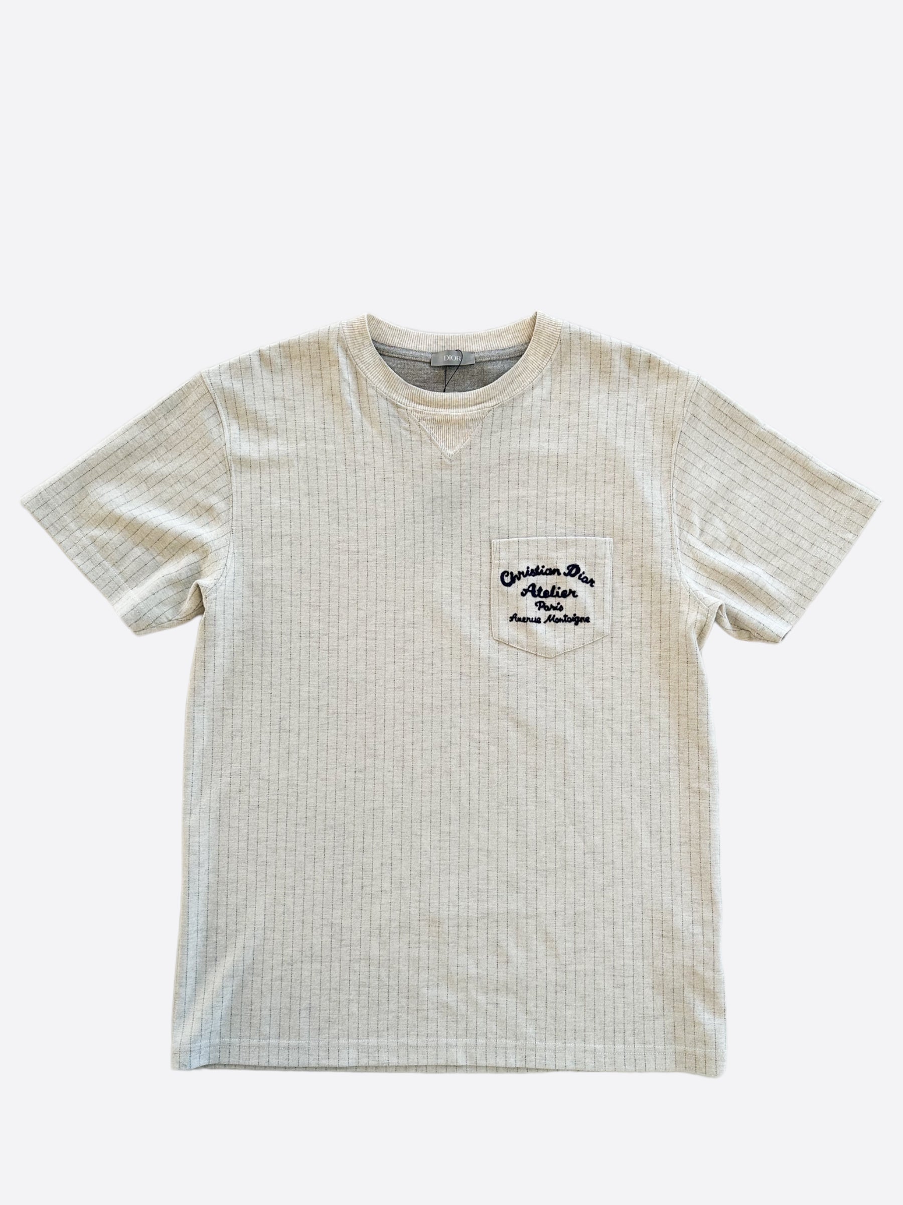 Dior Grey Pinstripe Atelier Embroidered T-Shirt for Men | Luxury Designer Cotton Tee | Perfect for Casual Wear & Special Occasions