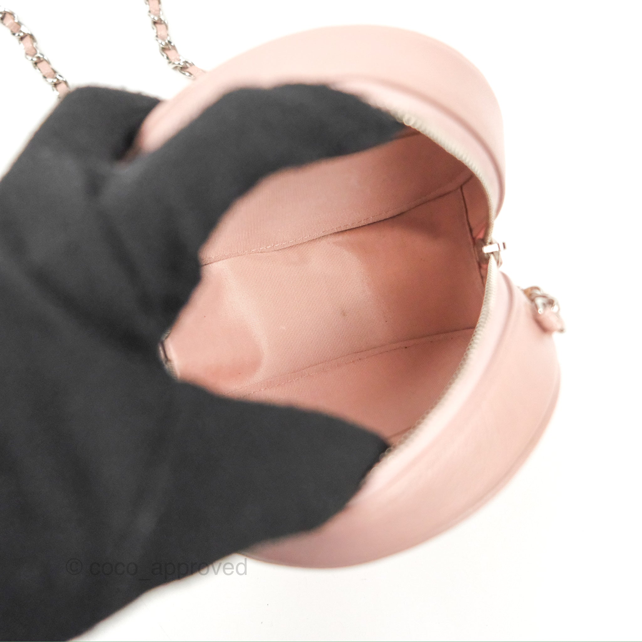 Chanel Camellia Embossed Round Clutch Bag with Chain - Iridescent Light Pink Goatskin Leather & Silver Hardware | Evening Party, Wedding, Special Occasion Accessory