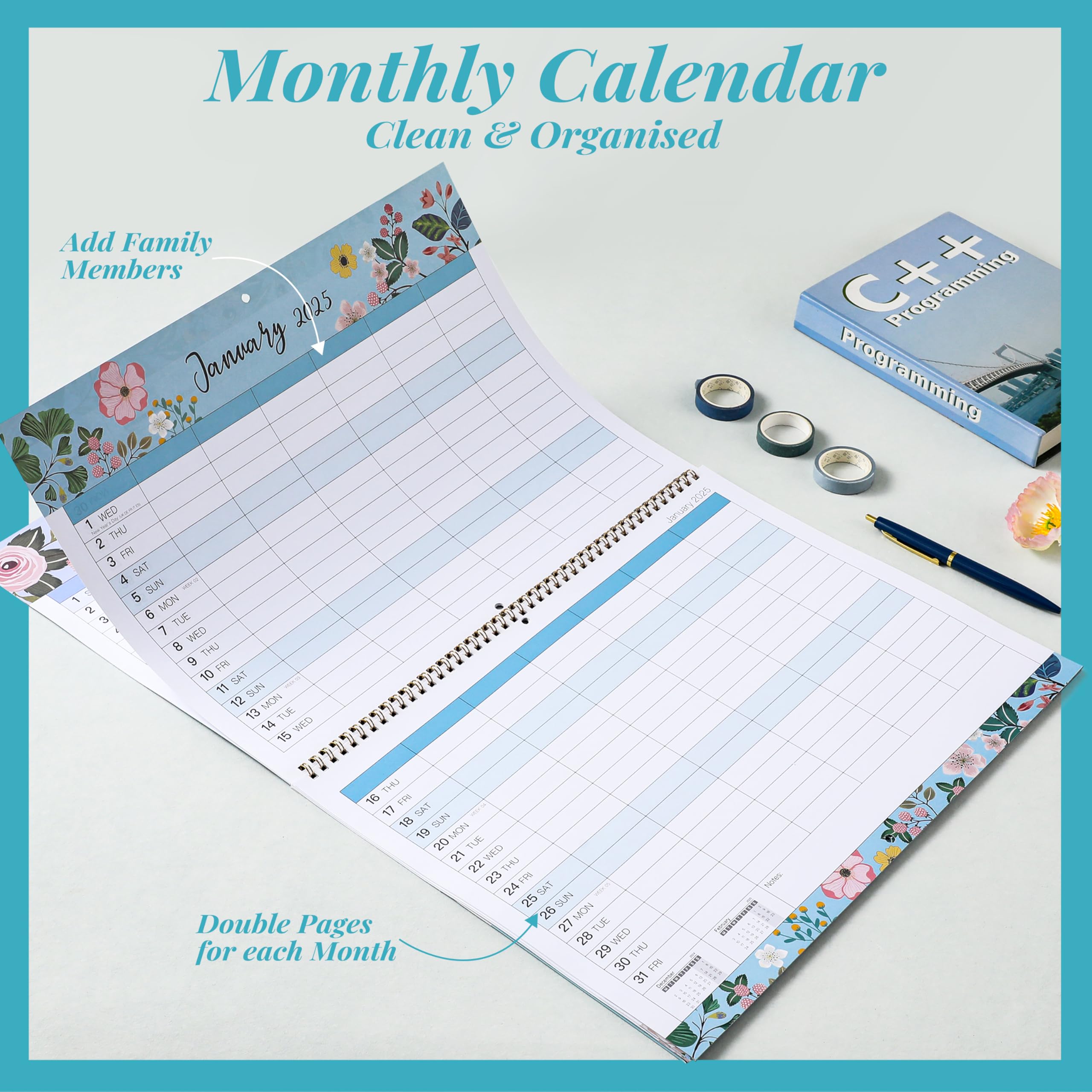 2025 Family Wall Calendar - 12 Months from January to December 2025 | 6-Column Organizer with Notes Section & Back Pocket | 39 x 29 cm Thick Paper Planner | Perfect for Home, Office & School Planning