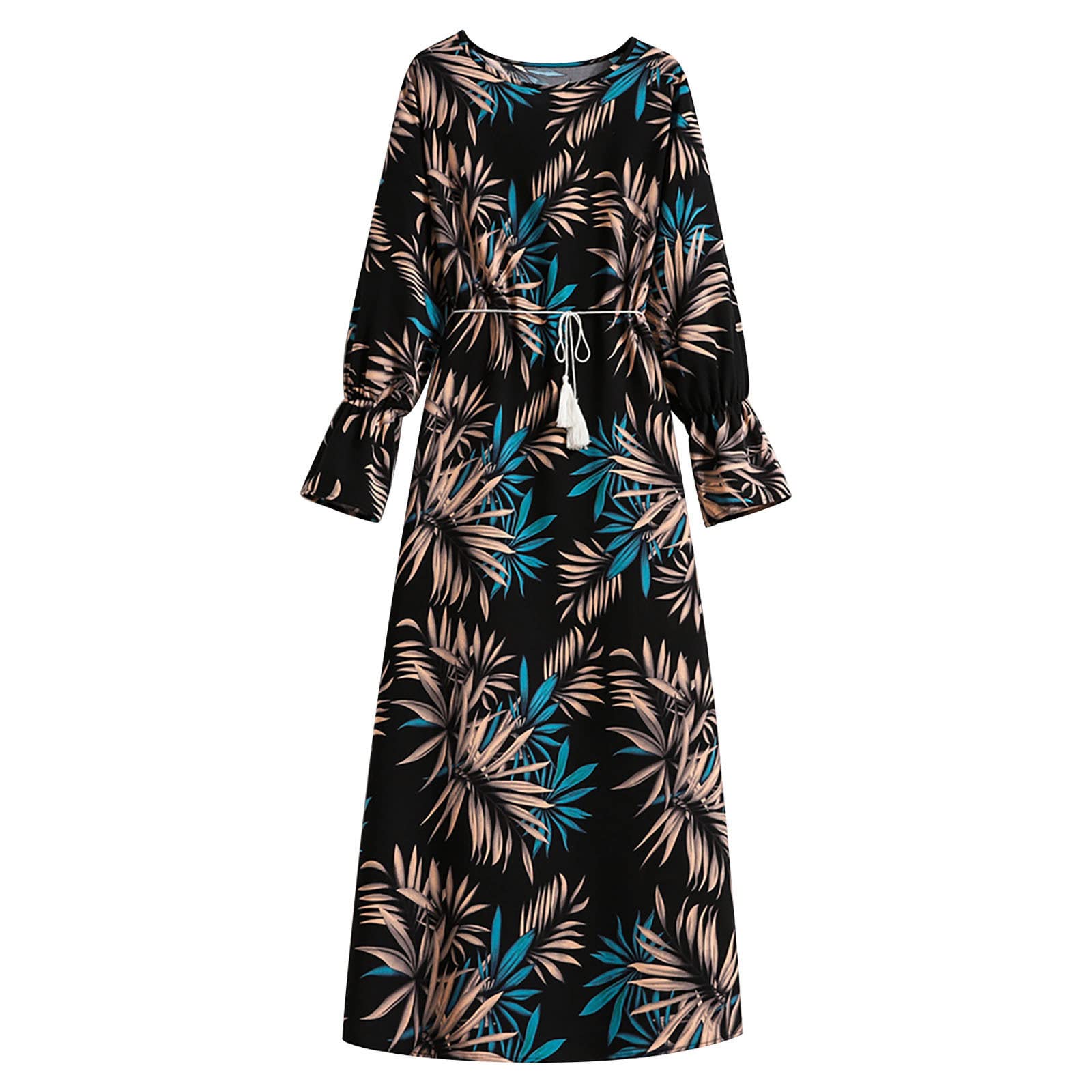 Women's Floral Print Chiffon Dress with Long Sleeves & Belt - Elegant Crewneck Autumn Dress for Casual Wear, Office & Special Occasions