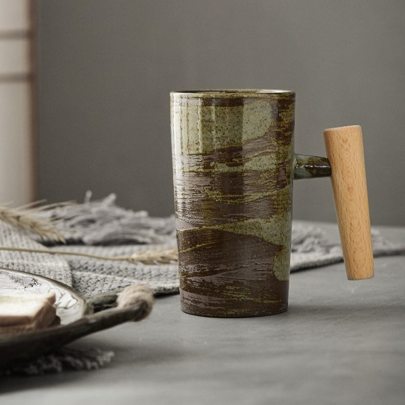 Vintage Japanese Ceramic Mug with Wooden Handle - Handcrafted Tea & Coffee Cup for Home, Office, and Gifts
