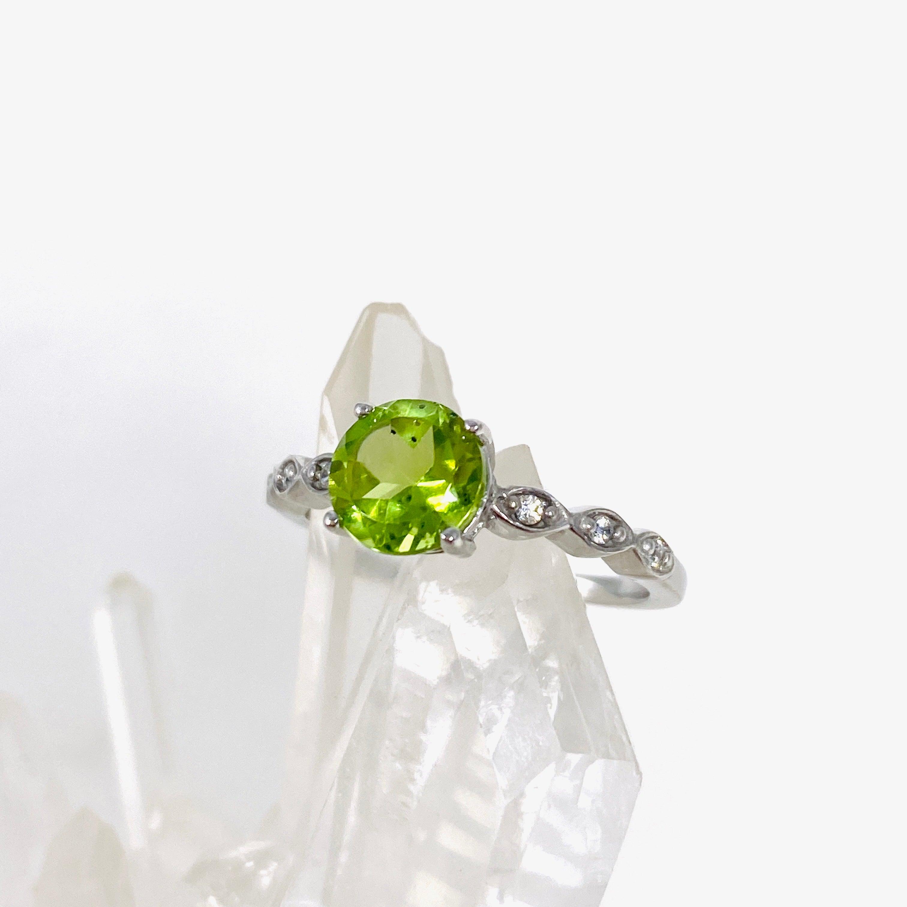Peridot Round Faceted Ring with CZ Stones - 925 Sterling Silver Jewelry for Women - Perfect for Engagement, Wedding & Everyday Wear