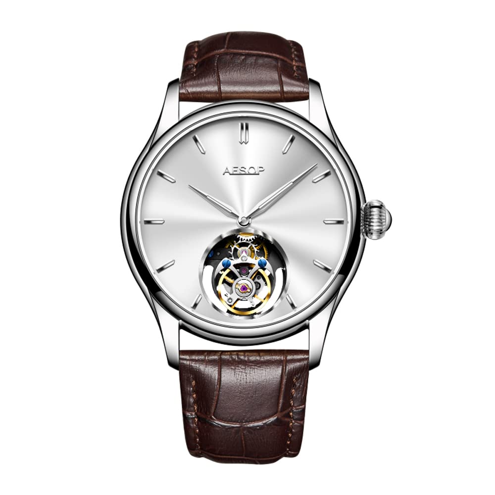 Luxury AESOP Tourbillon Mechanical Hand-Wind Watch for Men - Stainless Steel Skeleton Design, Sapphire Crystal, Waterproof - Perfect Dress & Business Timepiece - Ideal Gift for Him (Model 7040) | Formal Events, Office Wear, Special Occasions