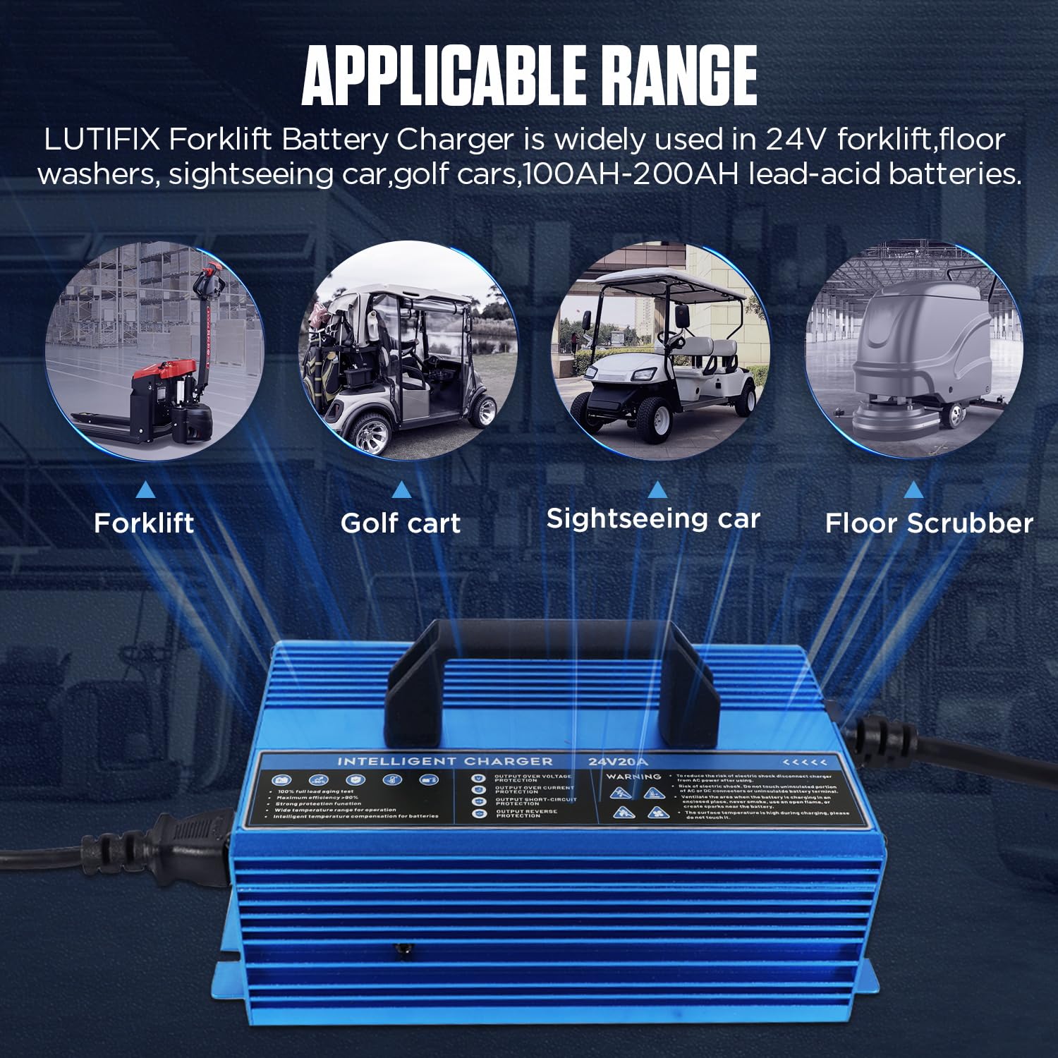 24V 20A Smart Forklift Battery Charger - Fully Automatic LCD Charger for 100AH-200AH Lead-Acid Batteries with Cooling Fan & 7 Protections - Perfect for Warehouses, Logistics & Industrial Equipment Charging