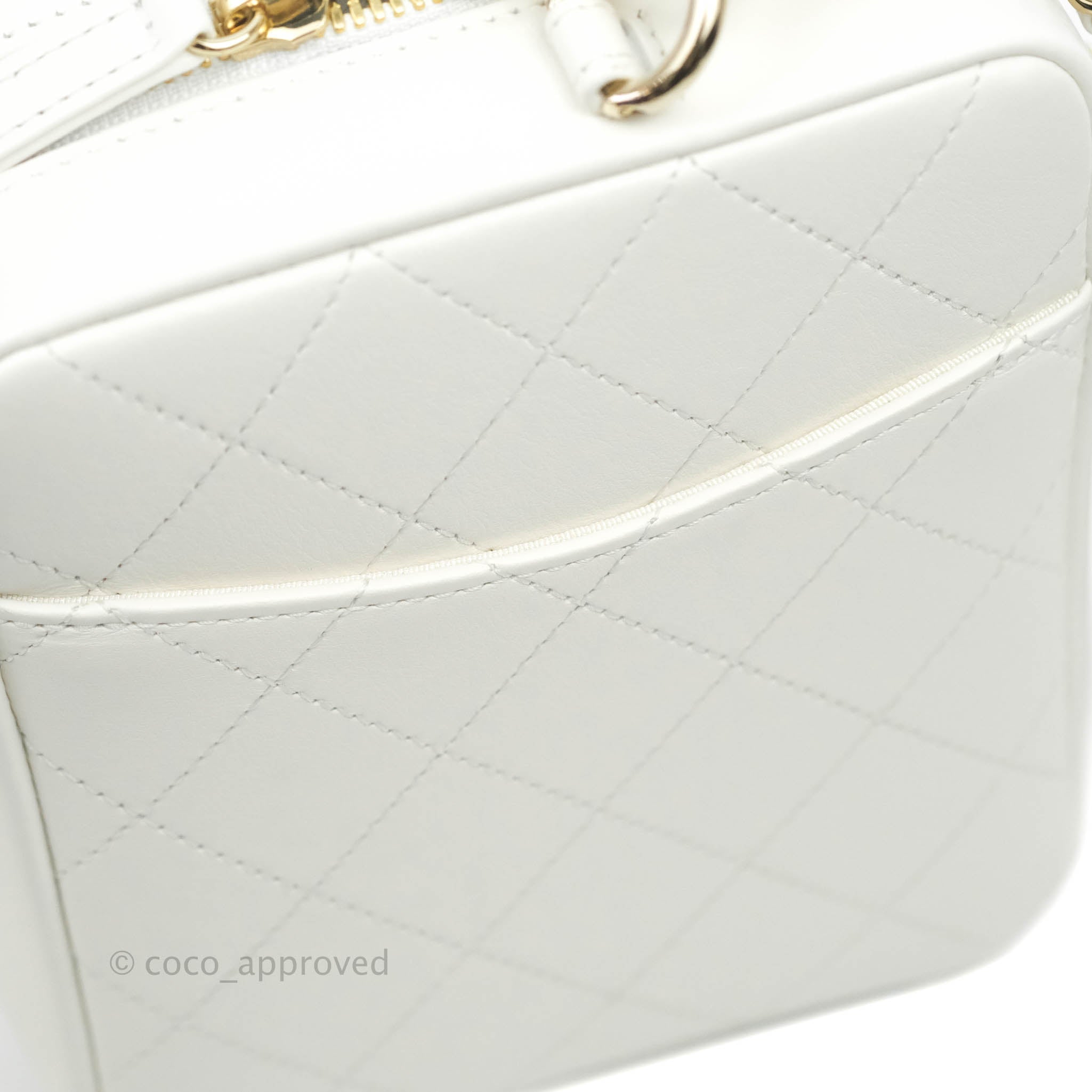 Chanel White Calfskin Circular Handle Zip Around Vanity Case with Gold Hardware - Perfect for Travel, Parties & Everyday Luxury (20S Collection)