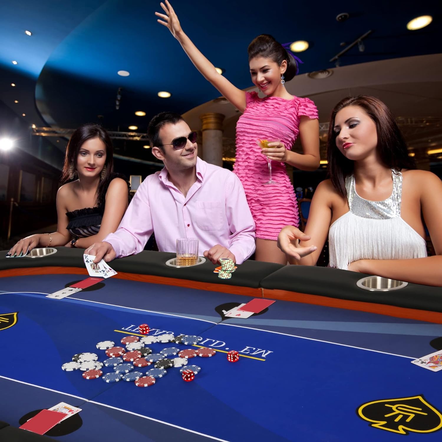 10 Player 84'' Folding Poker Table with Stainless Steel Cup Holders - Casino Style Texas Holdem Game Table for Home & Parties (Blue) - Perfect for Poker Nights, Casino Themed Events & Family Game Gatherings