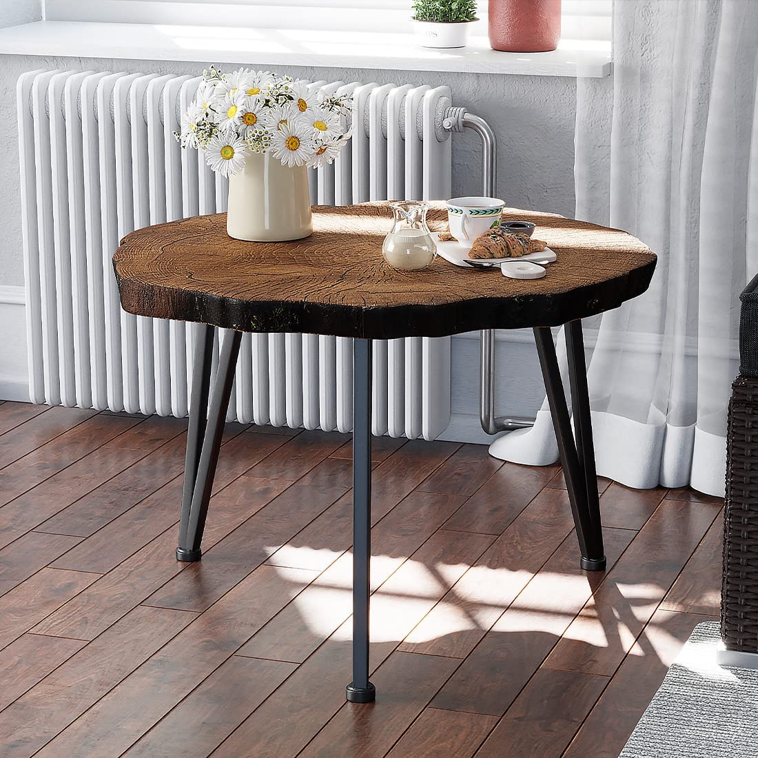Outdoor Coffee Table - Round Faux Wood Side Table with Oak Finish & Triangular Metal Base - Lightweight End Table for Living Room, Bedroom, Balcony (31.5