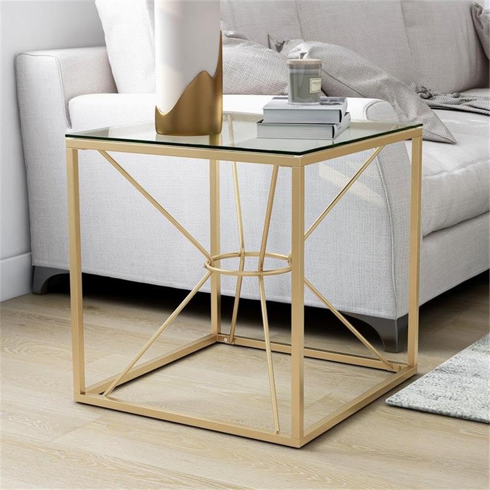 Furniture of America Cevelle Contemporary Gold Glass Top End Table - Modern Side Table for Living Room, Bedroom & Office Decor