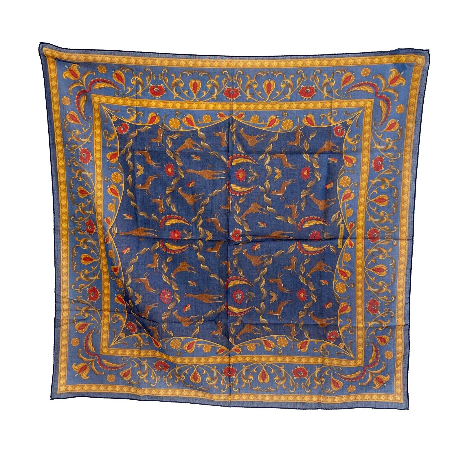 Ferragamo Luxury Paisley Oriental Floral Scarf with Giraffe & Deer Design - Blue One Size - Perfect for Women's Fashion, Gift Giving & Winter Accessories