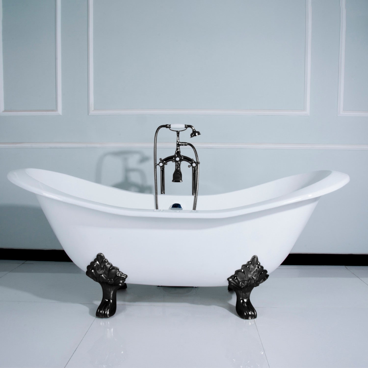 72 Inch White Matte Black Cast Iron Clawfoot Bathtub - Oval Double Slipper Design (No Faucet Drillings) | Vintage Bathroom Centerpiece for Luxury Spa & Master Suite Renovation