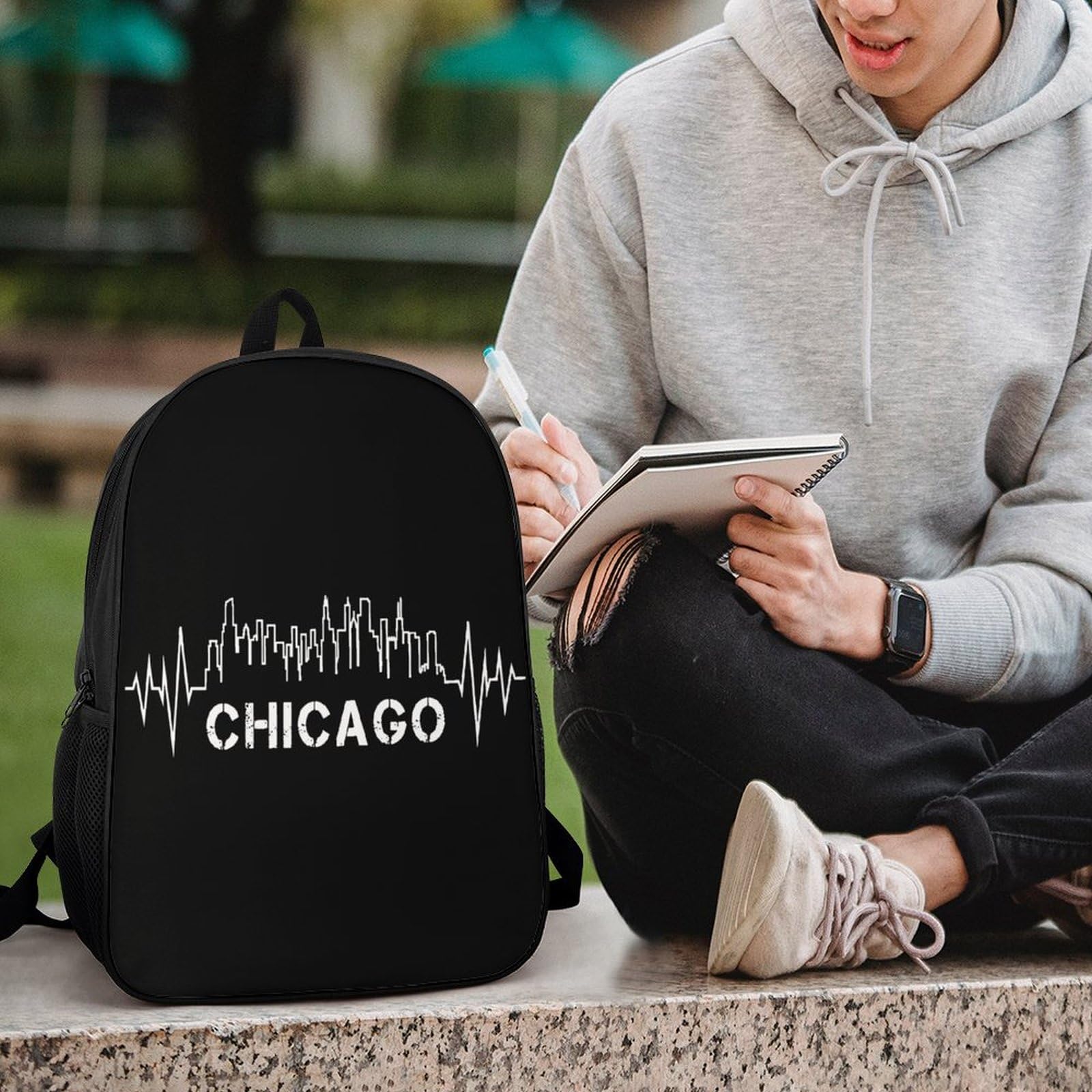 IOEDTHBJ Chicago Skyline Heartbeat Backpack - 17 Inch Laptop Backpack for Men & Women, 3D Printed School & Work Computer Bag - Perfect for College, Office & Travel