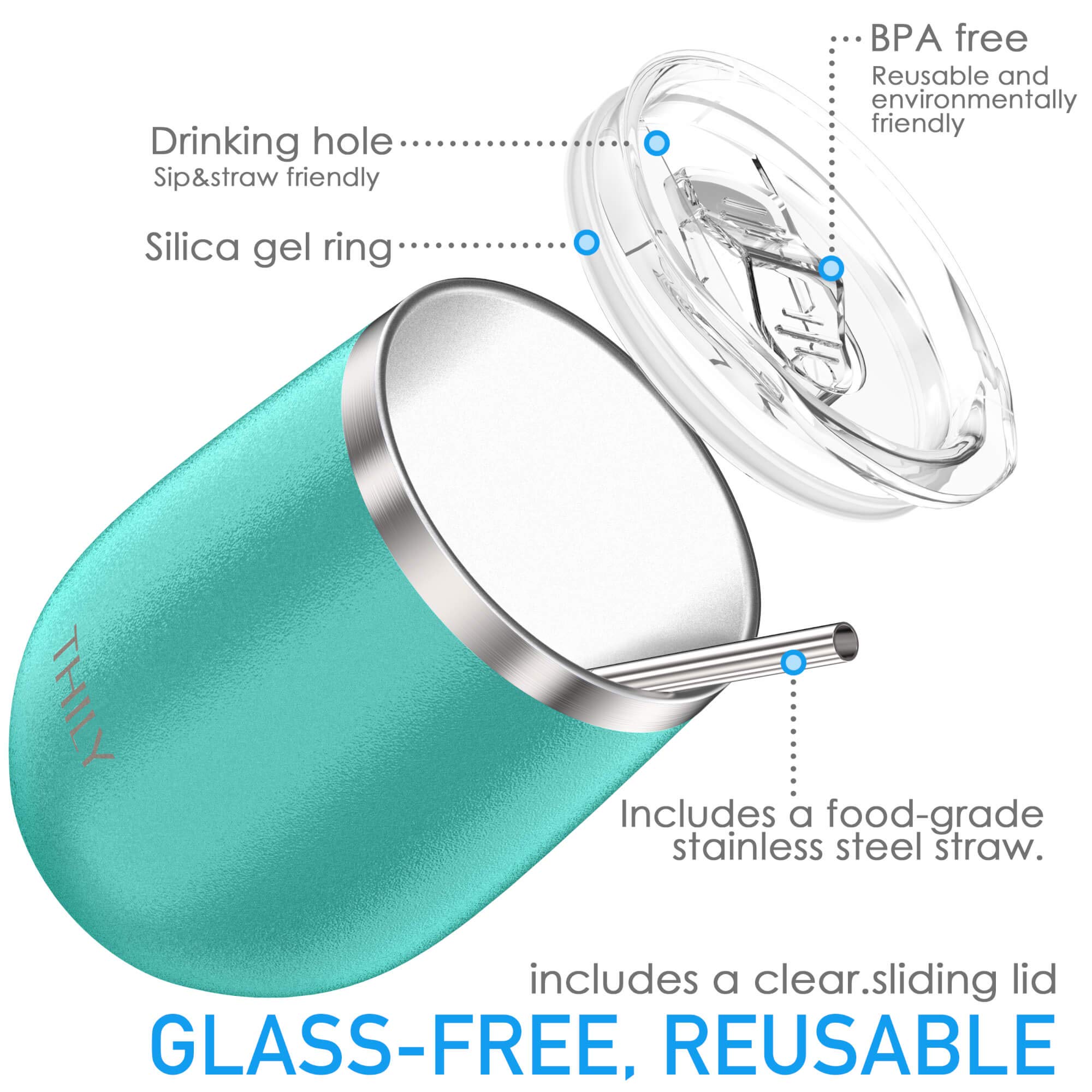 THILY 4-Pack Stainless Steel Stemless Wine Glasses - Vacuum Insulated Travel Wine Tumblers with Splash-Proof Lids & Reusable Straws - Keeps Drinks Cold or Hot for Wine, Coffee, Tea - Perfect for Picnics, Camping, and Outdoor Parties