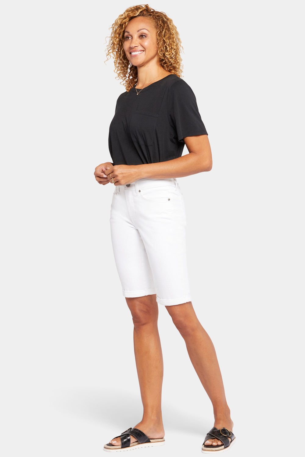 Briella Women's 10 Inch Denim Shorts - Petite Size High Waisted Distressed Denim Shorts in Optic White | Perfect for Summer, Beach, and Casual Outfits