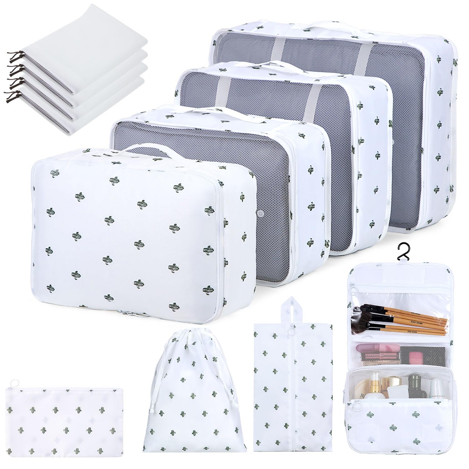 12-Piece Packing Cubes Set for Suitcases - Travel Organizer Bags with Multiple Sizes for Luggage & Carry-On | BESBESME Travel Essentials for Clothes, Shoes & Toiletries (Cactus White) | Perfect for Business Trips, Vacations & Weekend Getaways