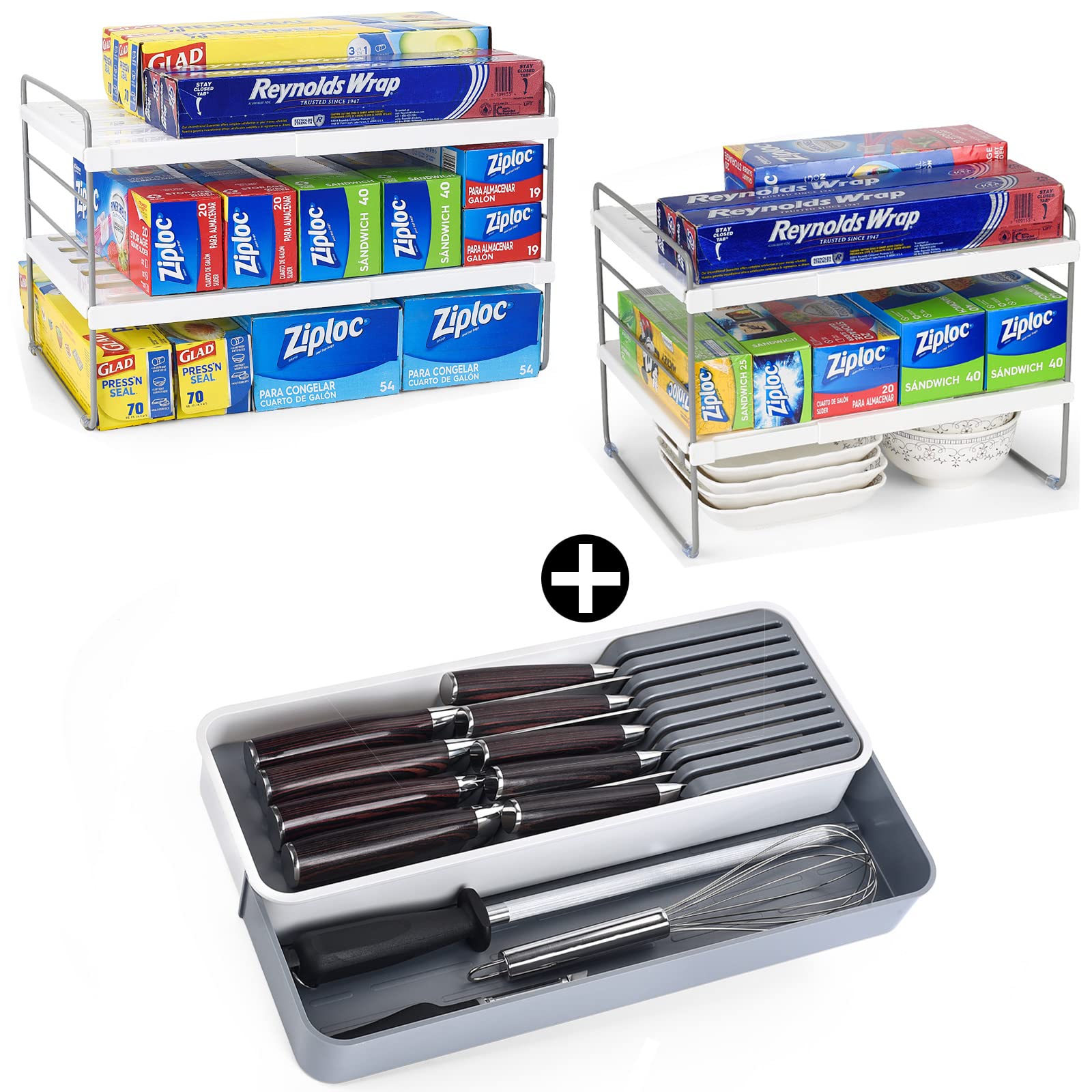 2 Pack Foil & Plastic Wrap Organizer with Expandable Kitchen Knife Drawer Storage - Space Saving Kitchen Cabinet Organizer for Utensils, Spices & More - Perfect for Pantry, Countertop or Drawer Organization