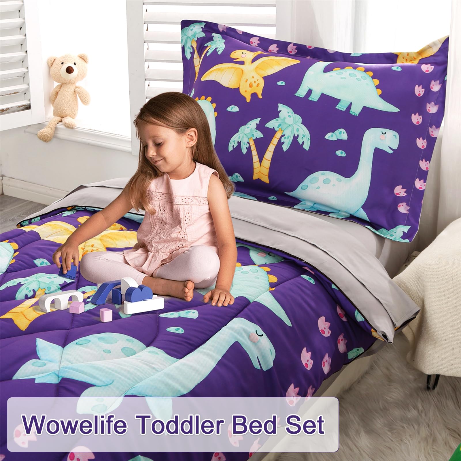 Wowelife Dinosaur Toddler Bedding Set for Boys - Premium 4 Piece Comforter Set (Flat Sheet, Fitted Sheet, Comforter & Pillowcase) - Soft Purple Dino Themed Bedding for Kids Room Decor & Cozy Nursery Sleep