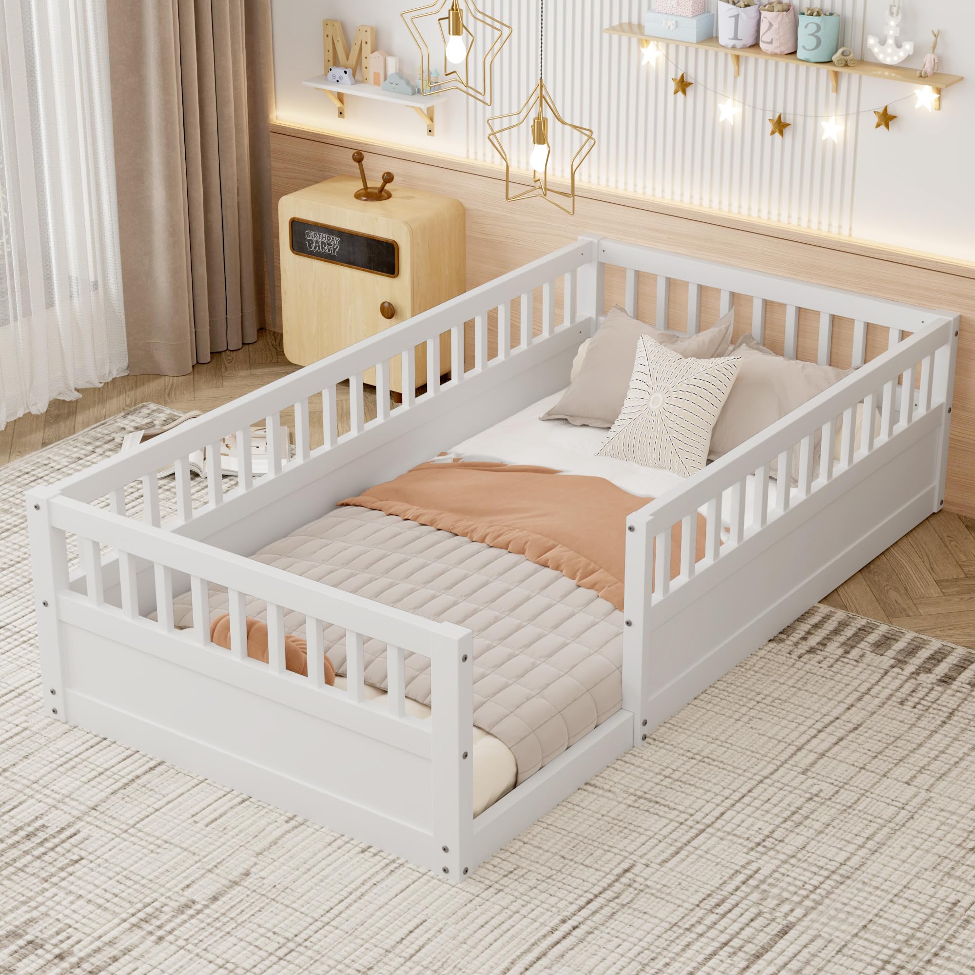 Montessori Floor Bed for Kids - Twin Size Wooden Playhouse Bed with High Safety Railings for Baby Boys, Girls & Teens - No Slats Included - White - Perfect for Montessori Bedrooms, Playrooms & Safe Toddler Sleep Spaces