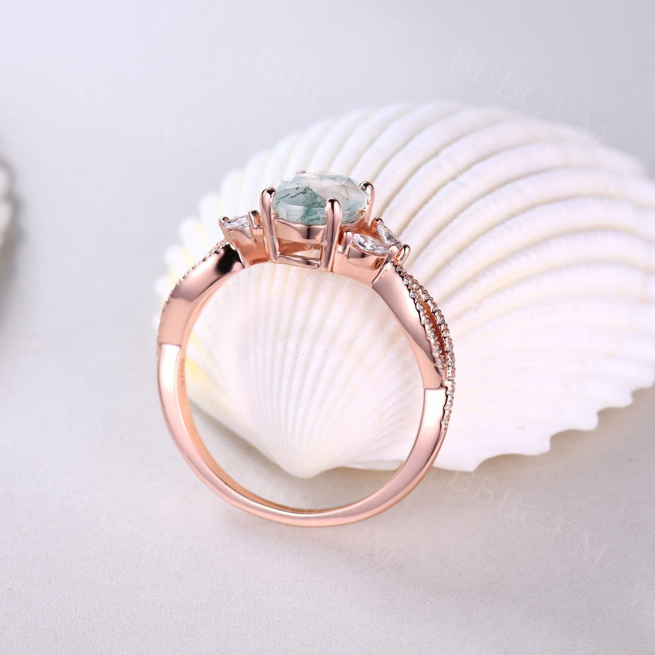 14K Pink Gold Oval Cut Moss Agate Engagement Ring with Marquise Moissanite Infinity Band - Elegant Wedding Ring for Women, Perfect for Proposals, Anniversaries & Special Occasions