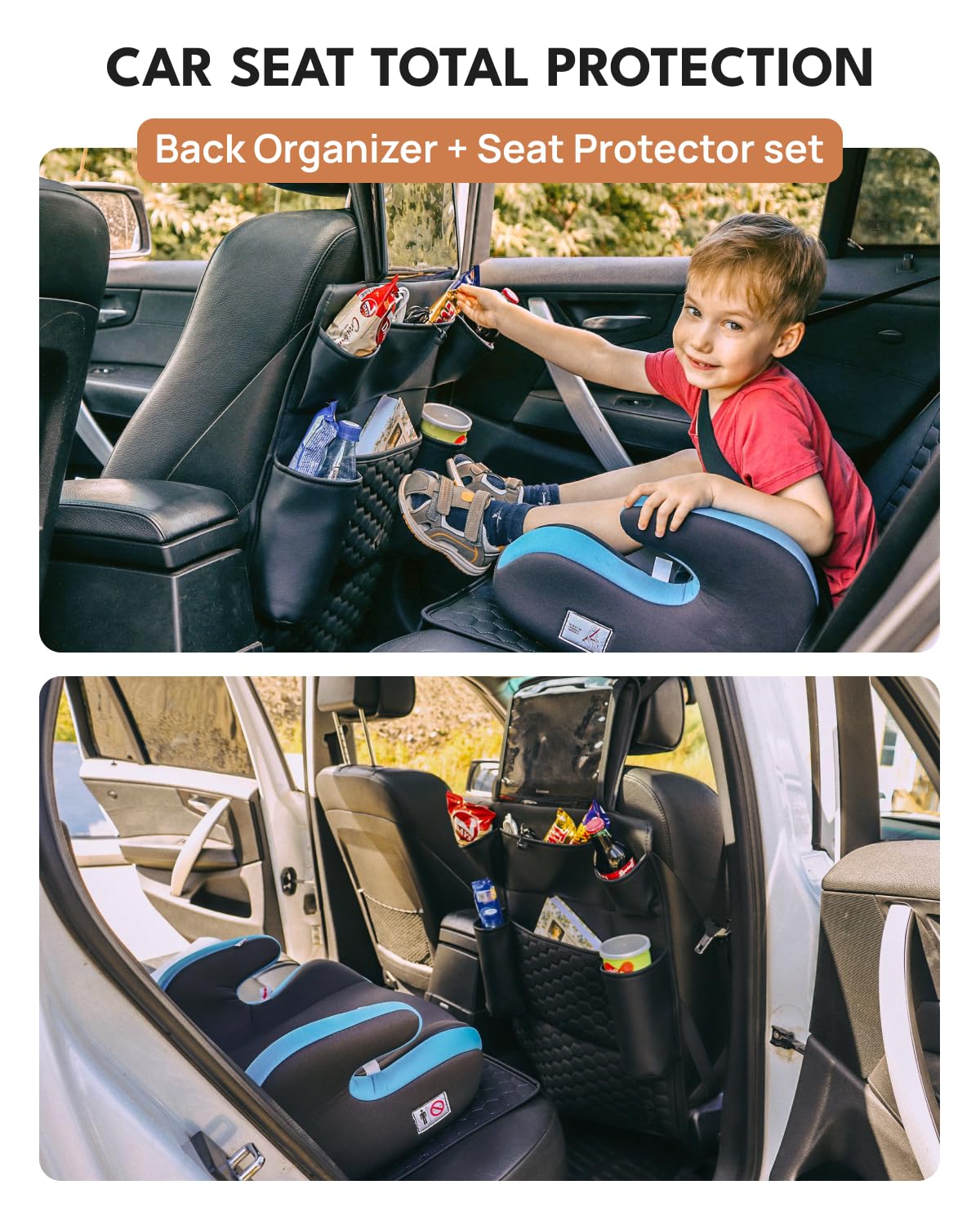 Premium Leather Back Seat Car Organizer with Cat & Child Seat Protector - Multi-Pocket Vehicle Storage Organizer for Toys, Snacks & Essentials - Perfect for Family Road Trips & Pet Travel Accessories
