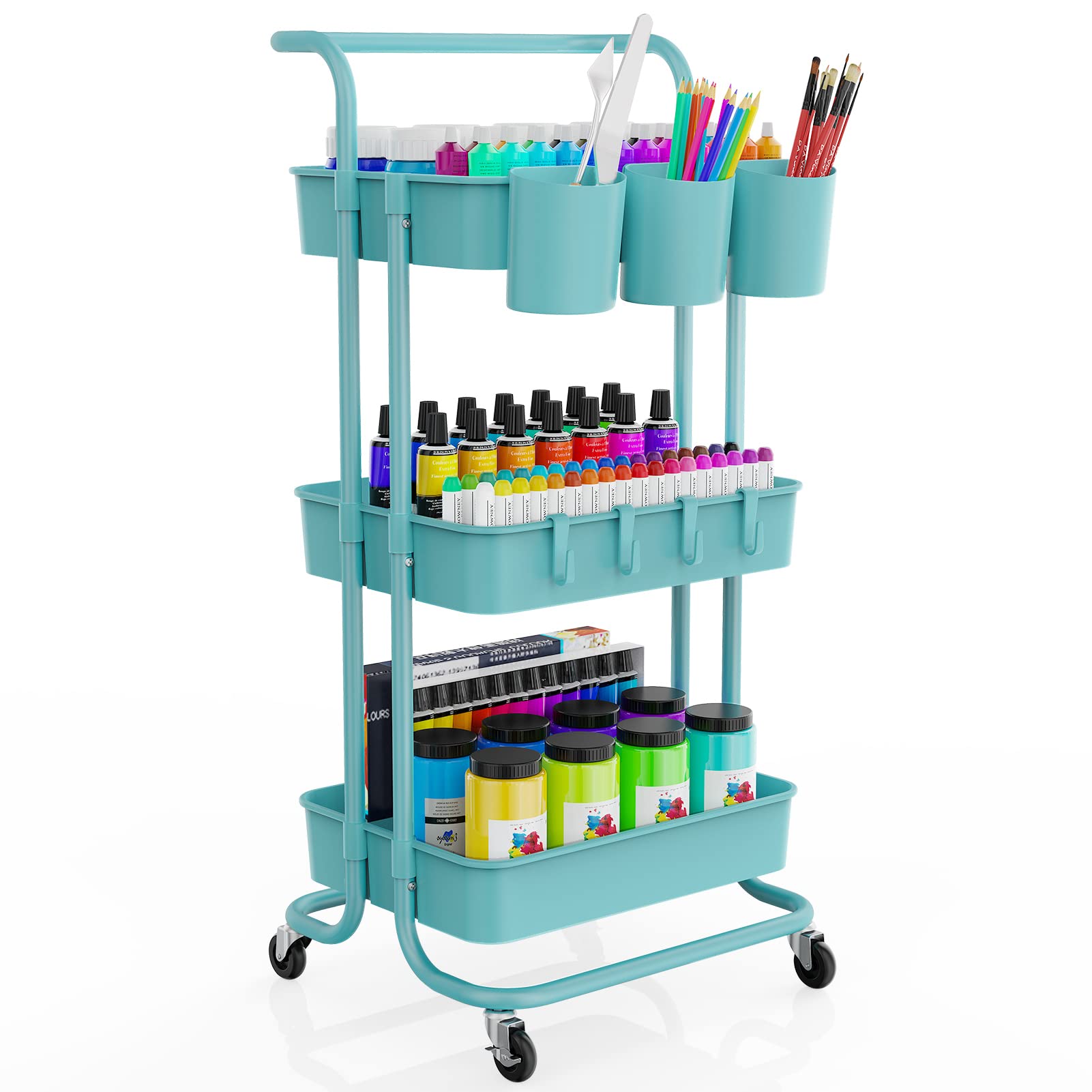 3-Tier Rolling Utility Cart with Hanging Hooks & Handle - Multifunctional Storage Organizer with Wheels for Kitchen, Office, Bathroom - Easy Assembly Mobile Service Cart (Blue) - Perfect for Organizing Cleaning Supplies, Beauty Products or as a Portable Bar Cart