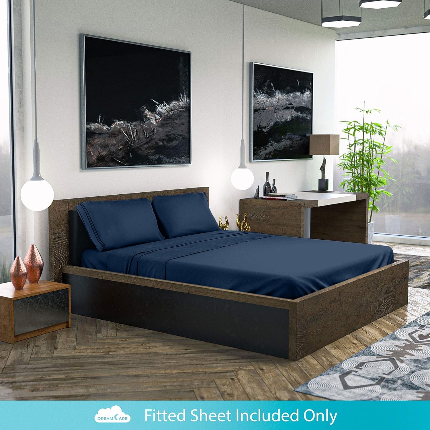 DREAMCARE Twin XL Fitted Sheet - Extra Deep Pocket 21 Inch Mattress Cover - OEKO-TEX Certified Luxury Hotel Quality Bedding - Soft Breathable Navy Blue Sheet for College Dorms, Guest Rooms & RV Beds