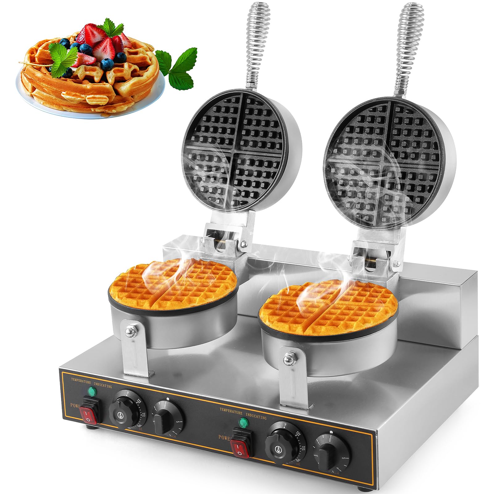 Professional Double Head Waffle Maker Machine 2400W - Commercial Grade Non-Stick Round Waffle Iron 110V for Bakery, Restaurant, Snack Bar & Home Use - Perfect for Breakfast, Brunch & Dessert Making