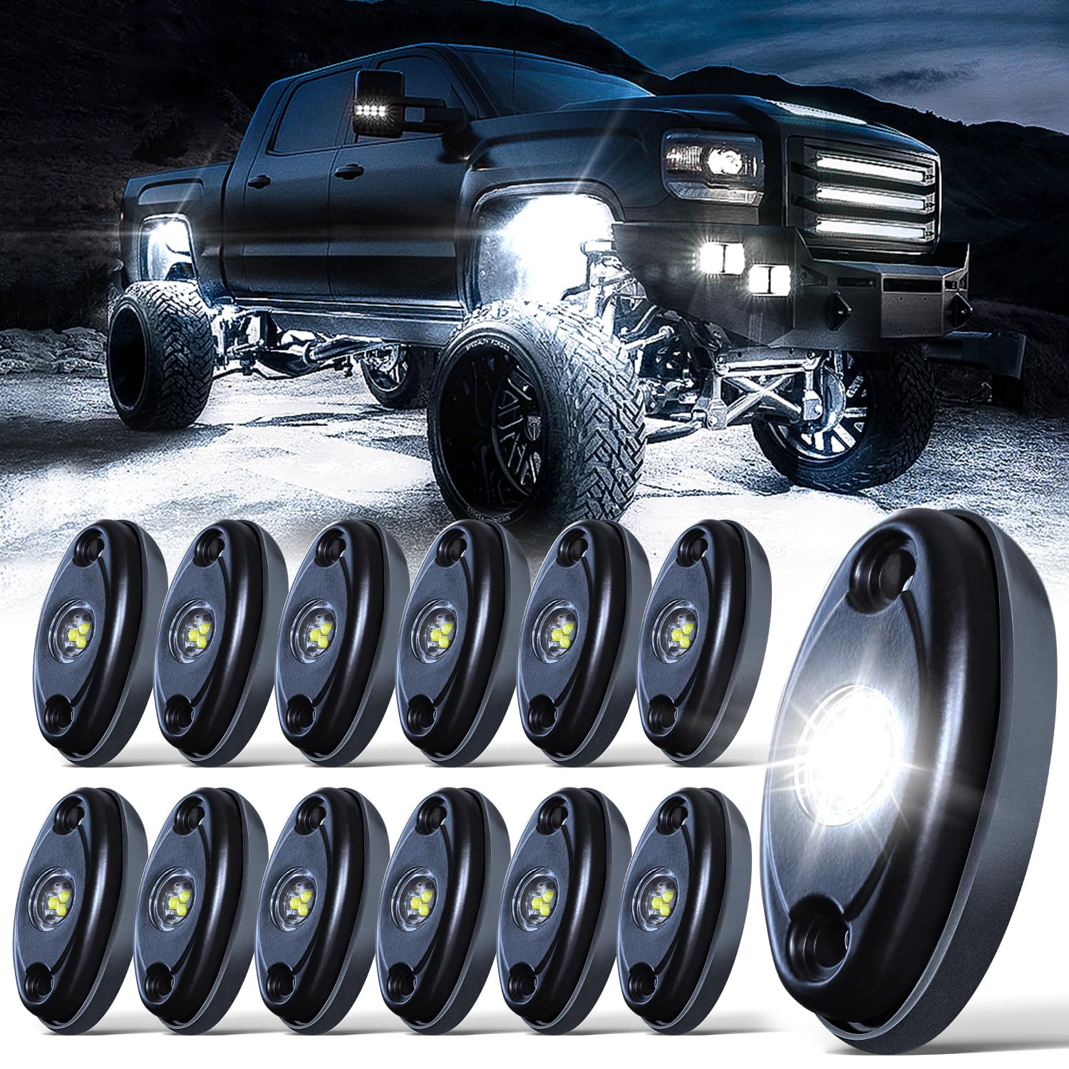 12PCS LED White Rock Lights - Waterproof High Power Underglow Neon Lights for Off Road Truck, ATV, SUV, RZR, Car & Boat - Shockproof Underbody Trail Rig Lights (12 Pods White) - Perfect for Off-Roading, Night Driving & Vehicle Customization