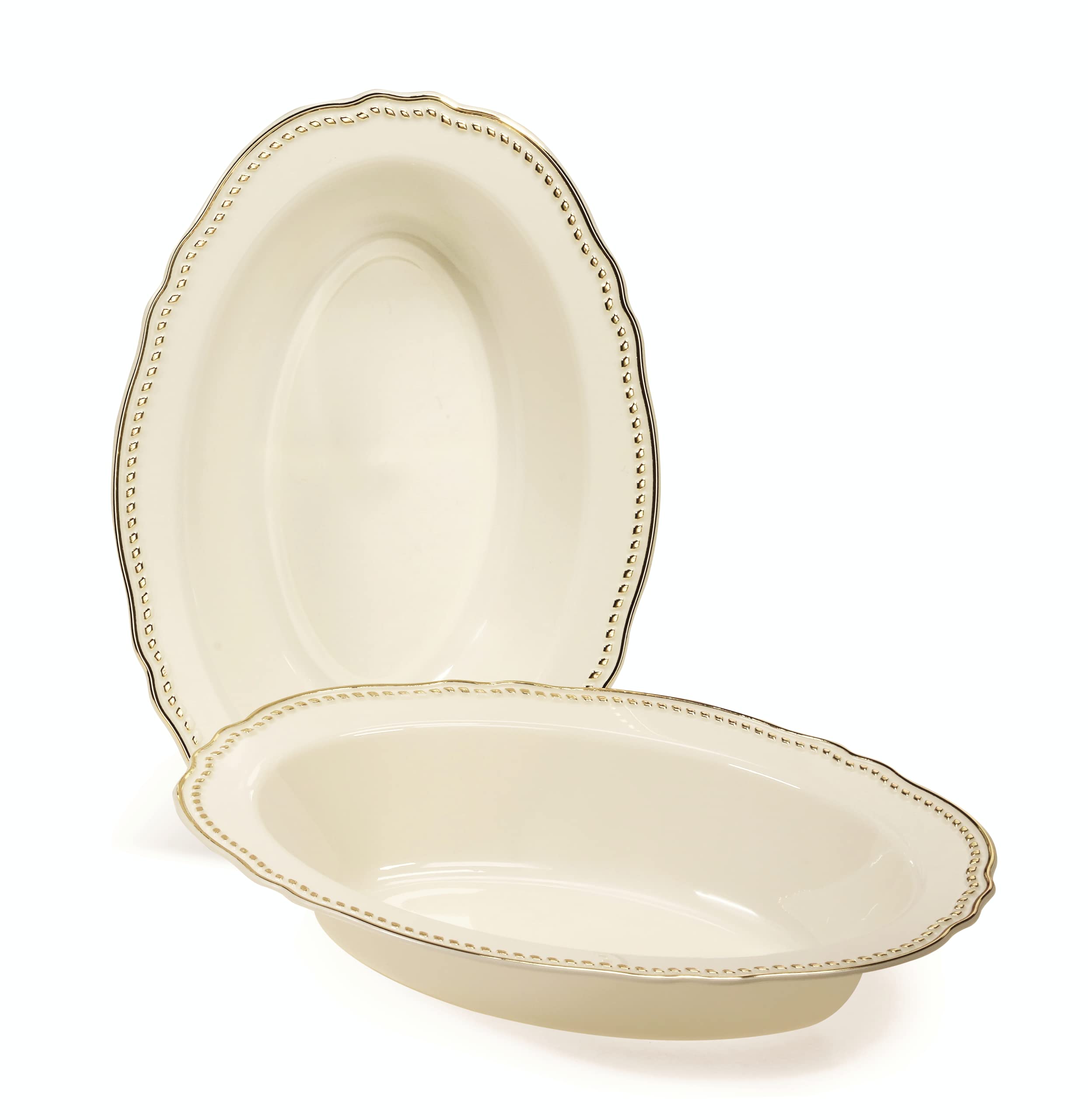 20-Pack Heavyweight Disposable Plastic Oval Bowls - 7 oz Elegant Wedding & Party Dessert Plates in Rochelle Ivory & Gold for Special Occasions, Bridal Showers, Birthday Celebrations & Formal Events