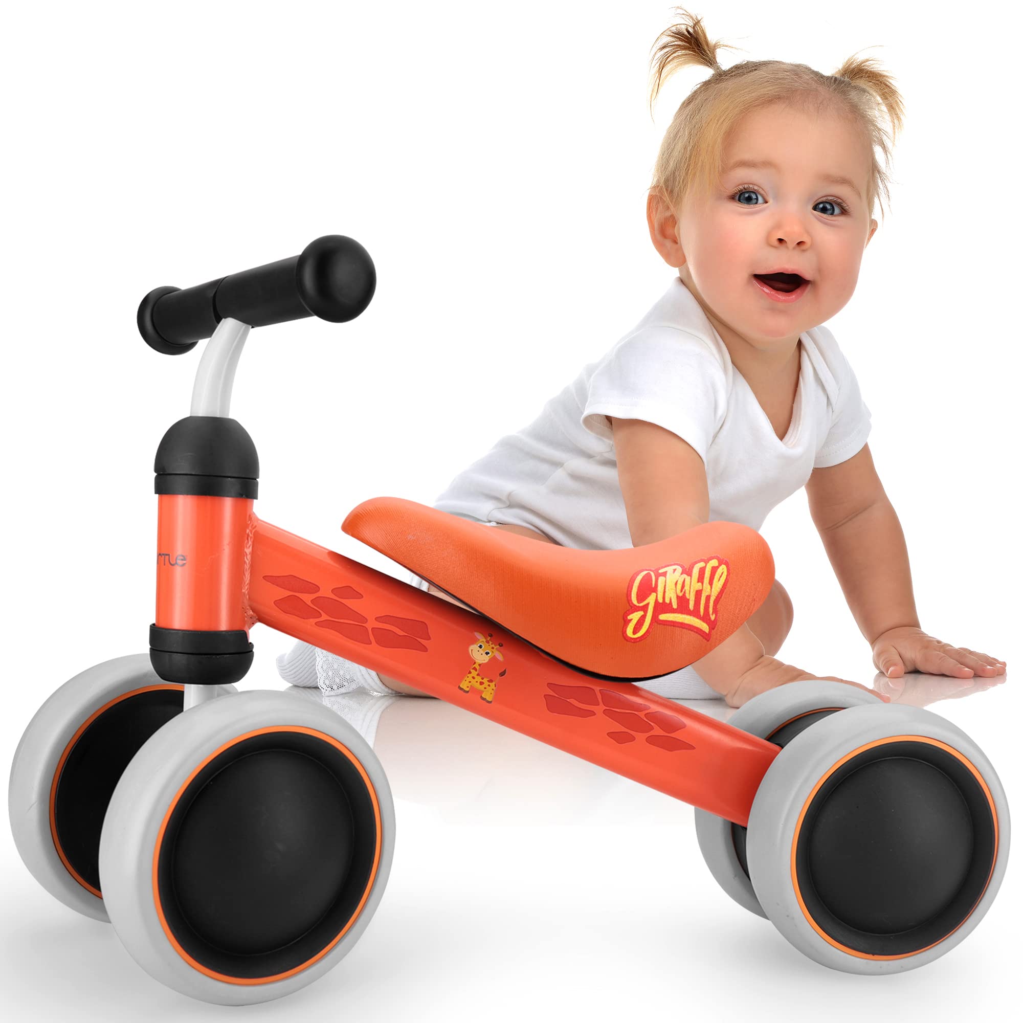 10-24 Months Baby Balance Bike - No Pedal Toddler Walker Trainer with 4 Silent Wheels, Carbon Steel Frame & Cushion Seat - Perfect First Bike for 1 Year Old Boys & Girls (Giraffe Design) - Indoor & Outdoor Learning Toy for Early Childhood Development