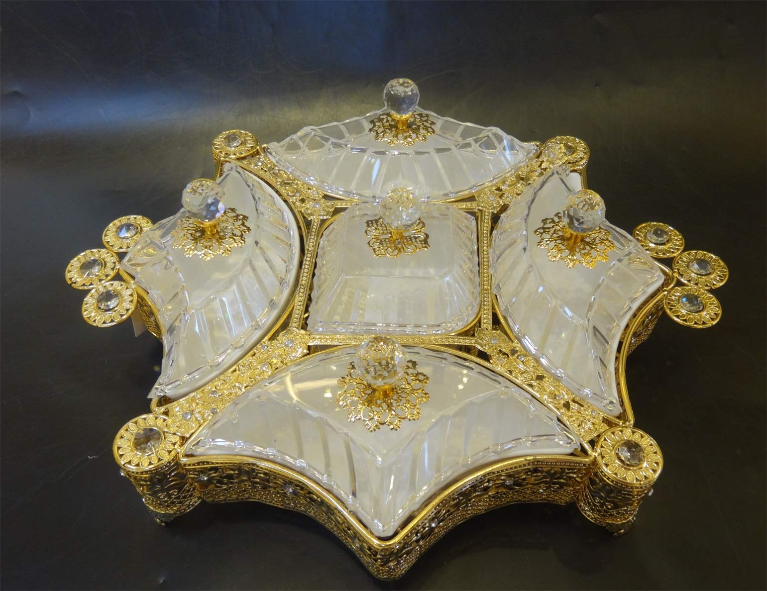 Elegant Gold Filigree Sectional Serving Tray with Removable Ceramic Dip Bowls - Perfect for Cheese, Dessert & Snack Platters - Ideal for Parties, Entertaining & Holiday Gatherings