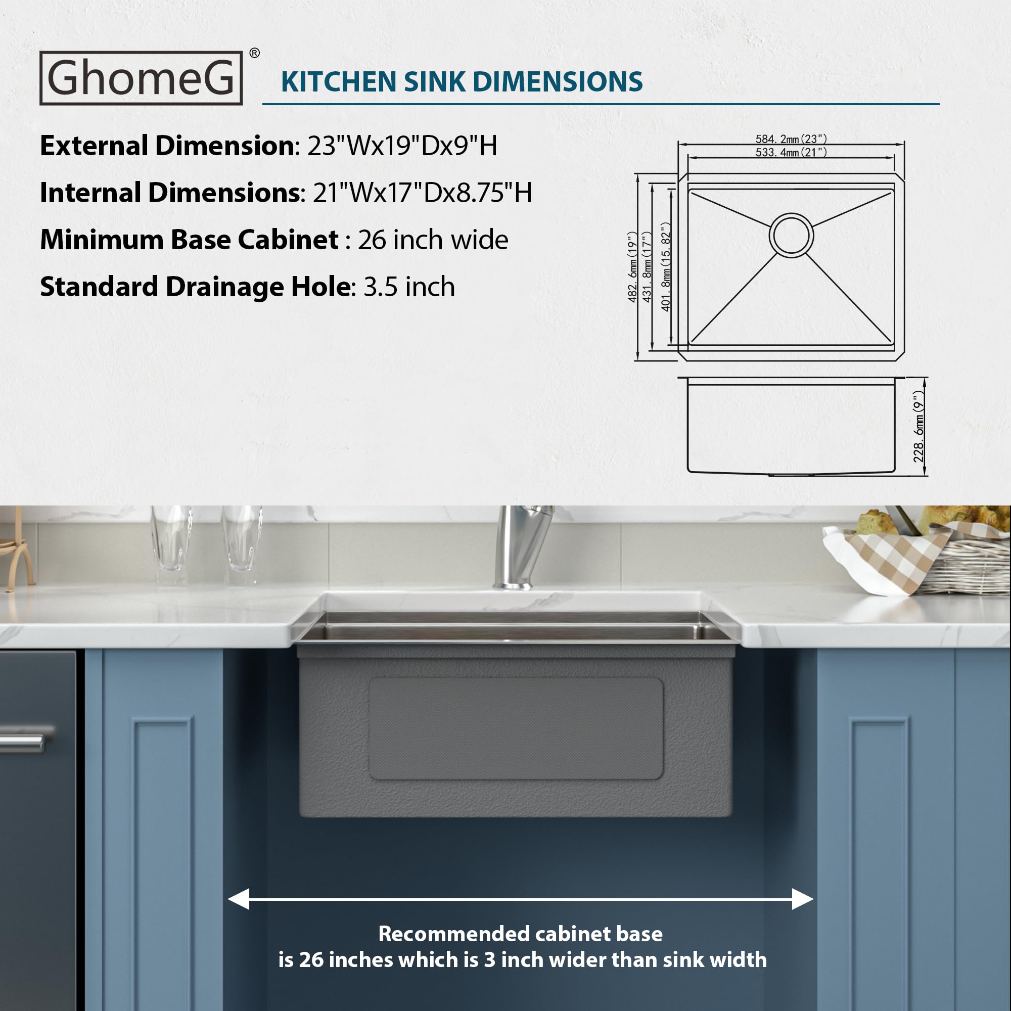 23x19 Inch Undermount Stainless Steel Single Bowl Kitchen Sink - Bar Prep Sink Basin for Home & Commercial Use - Perfect for Food Prep, Dishwashing & Bartending