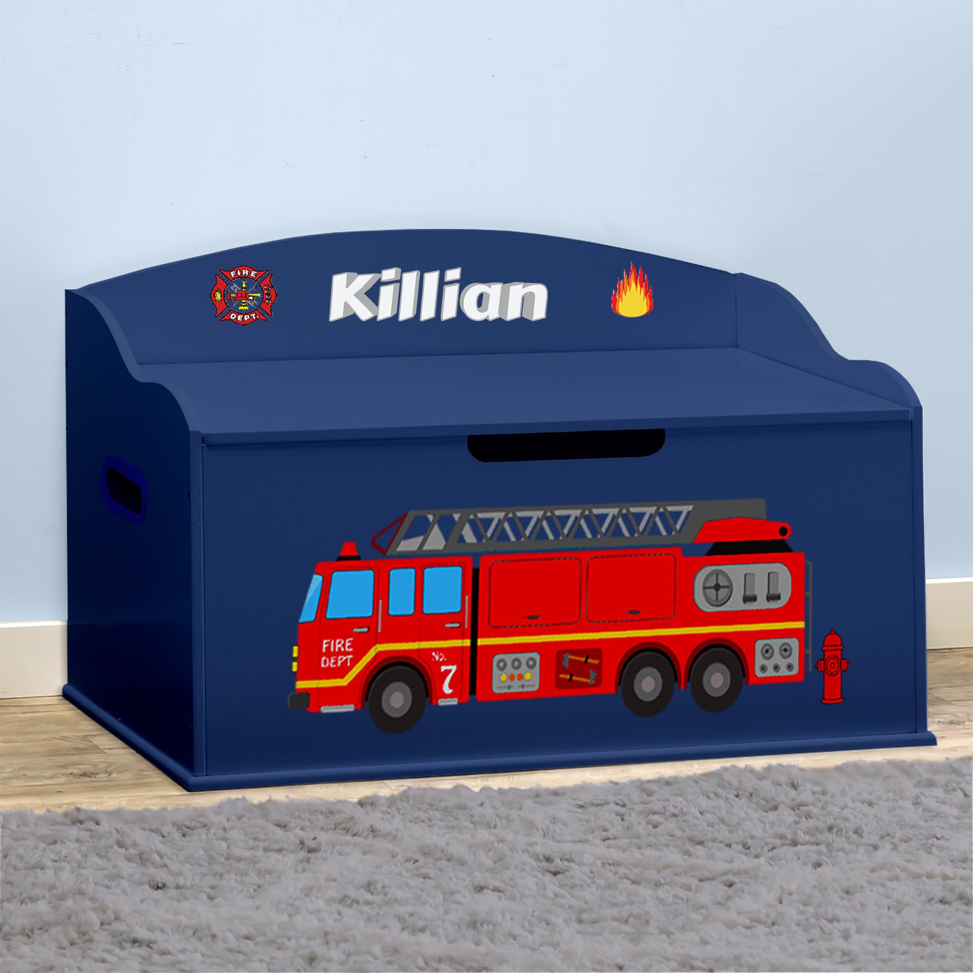 DIBSIES Personalized Firetruck Toy Storage Box - Blue Creative Kids Room Organizer for Toys, Books & Playroom Decor - Perfect for Toddlers & Children's Bedroom Organization