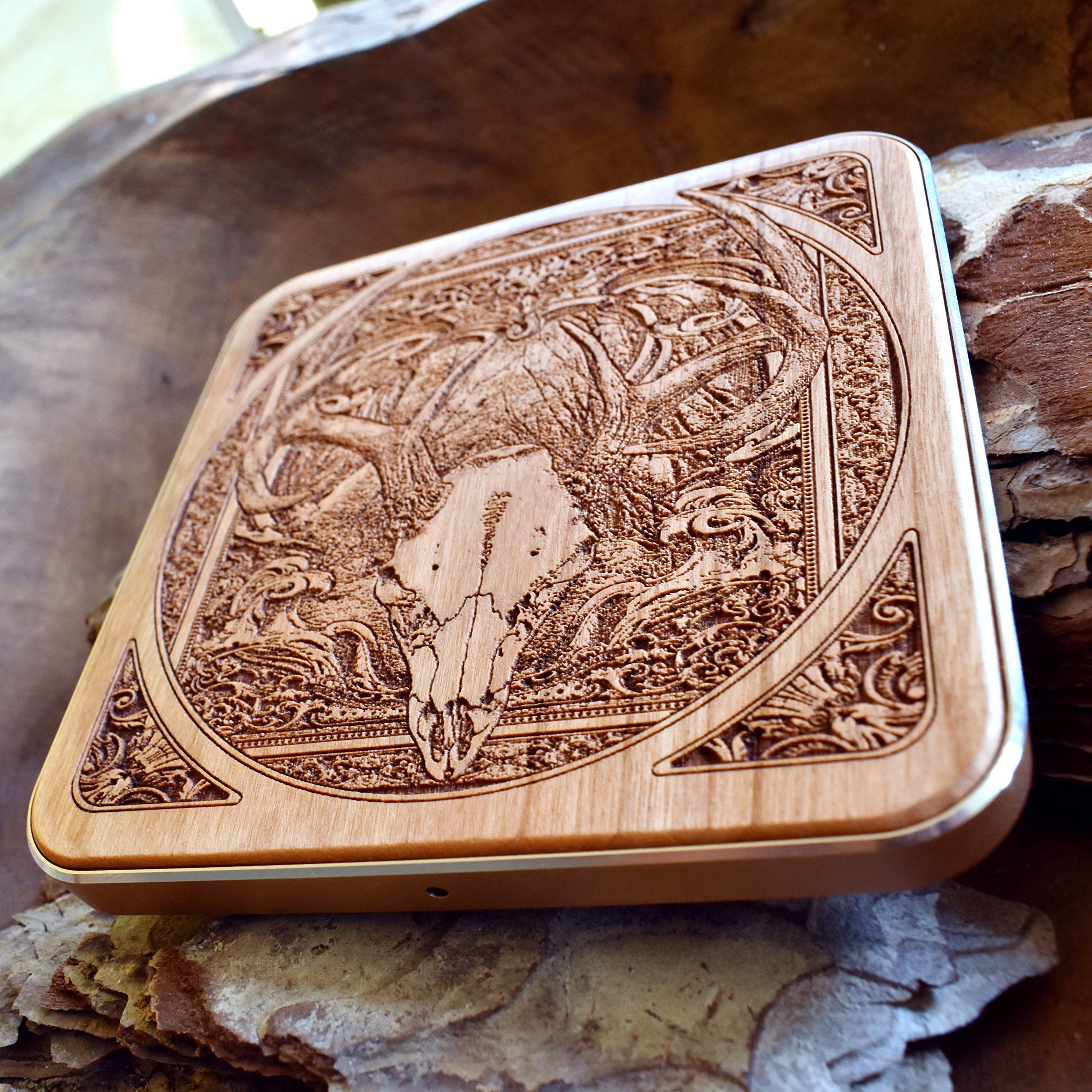 15W Fast Qi Wireless Charger Pad - Laser Engraved Deer Skull Design on Cherry Wood with Black Aluminum Base | Compatible with iPhone 16, Galaxy S25, S24 | Rustic Gothic Home & Office Desk Decor | Perfect for Bedside, Living Room, and Workspace Charging