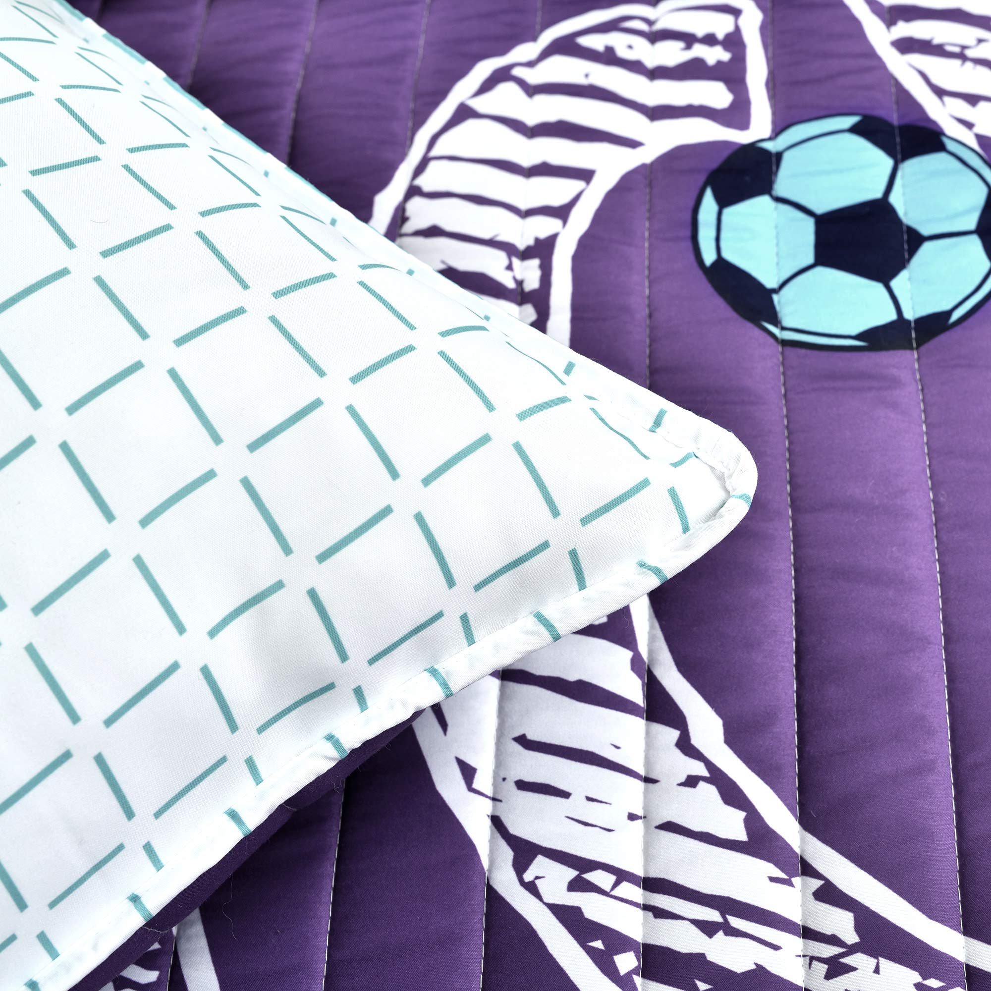Lush Decor Girls Soccer Bedding Set - 5 Piece Full/Queen Reversible Comforter Quilt with 2 Pillow Shams & 2 Accent Pillows - Purple - Perfect for Kids' Bedrooms, Teen Rooms & Sports-Themed Decor