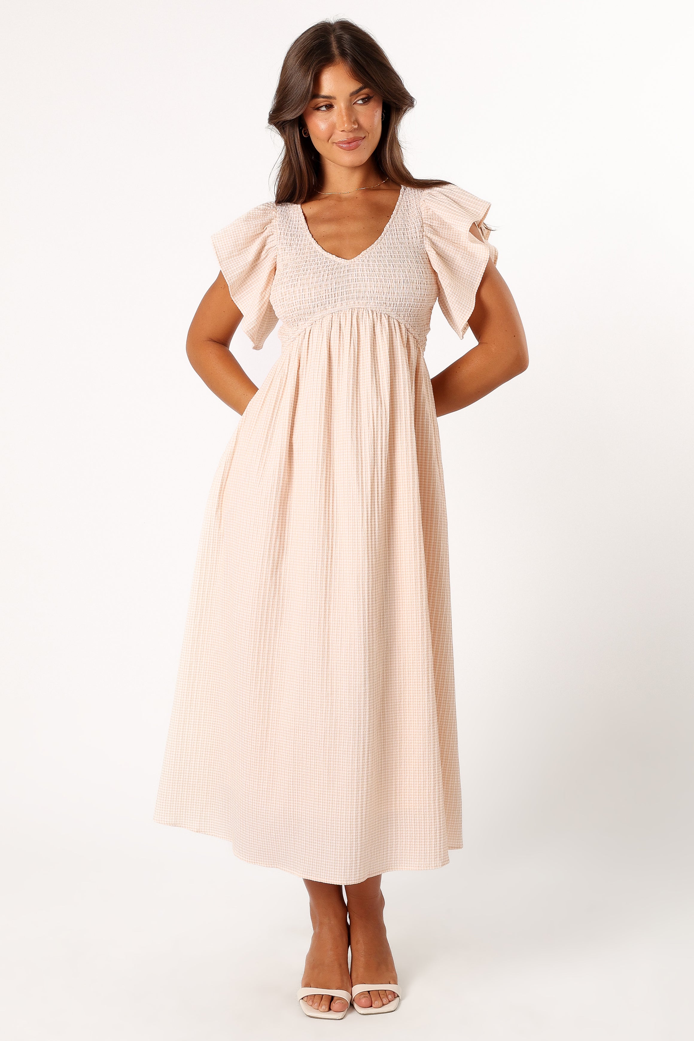Farley Flutter Sleeve Midi Dress - Tan Gingham Checkered Summer Dress for Women | Casual Daytime Wear, Beach Cover Up, Brunch Outfit, Wedding Guest Dress