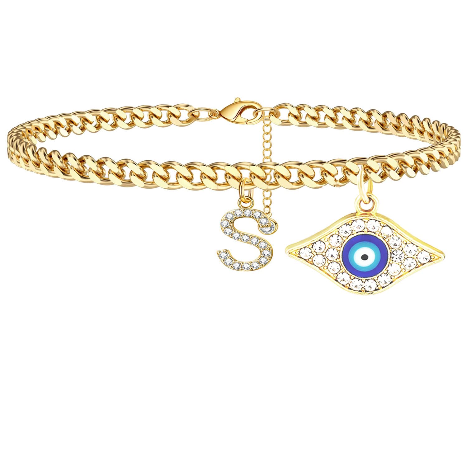 18K Gold Plated Dainty Cuban Link CZ Initial Anklet for Women - Evil Eye Protection Summer Jewelry Gift for Her, Teen Girls | Perfect for Beach Vacations, Date Nights & Everyday Wear