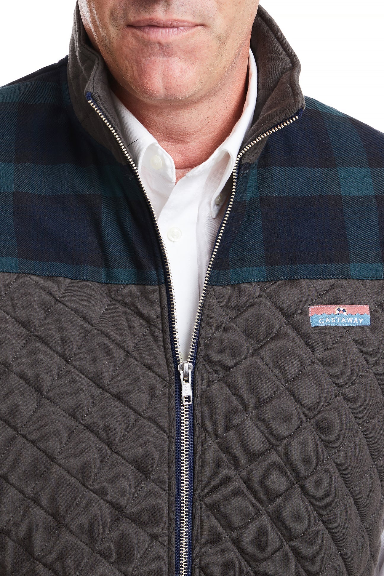 Men's Cross Rip Quilted Vest - Charcoal Grey with Blackwatch Plaid Trim - Outdoor Hunting & Casual Winter Wear