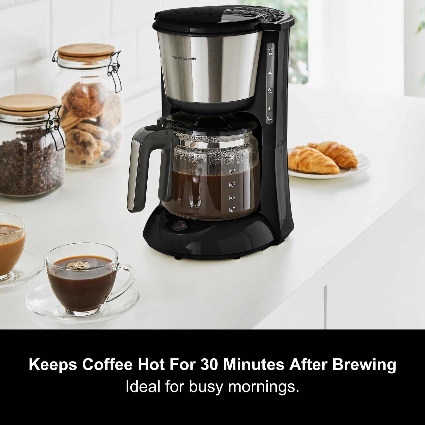 Morphy Richards 10-Cup Filter Coffee Maker with Pour Over Technology, Reusable Filter & Keep Warm Function - Black/Brushed Steel (Model 162501) - Perfect for Home, Office & Entertaining Guests