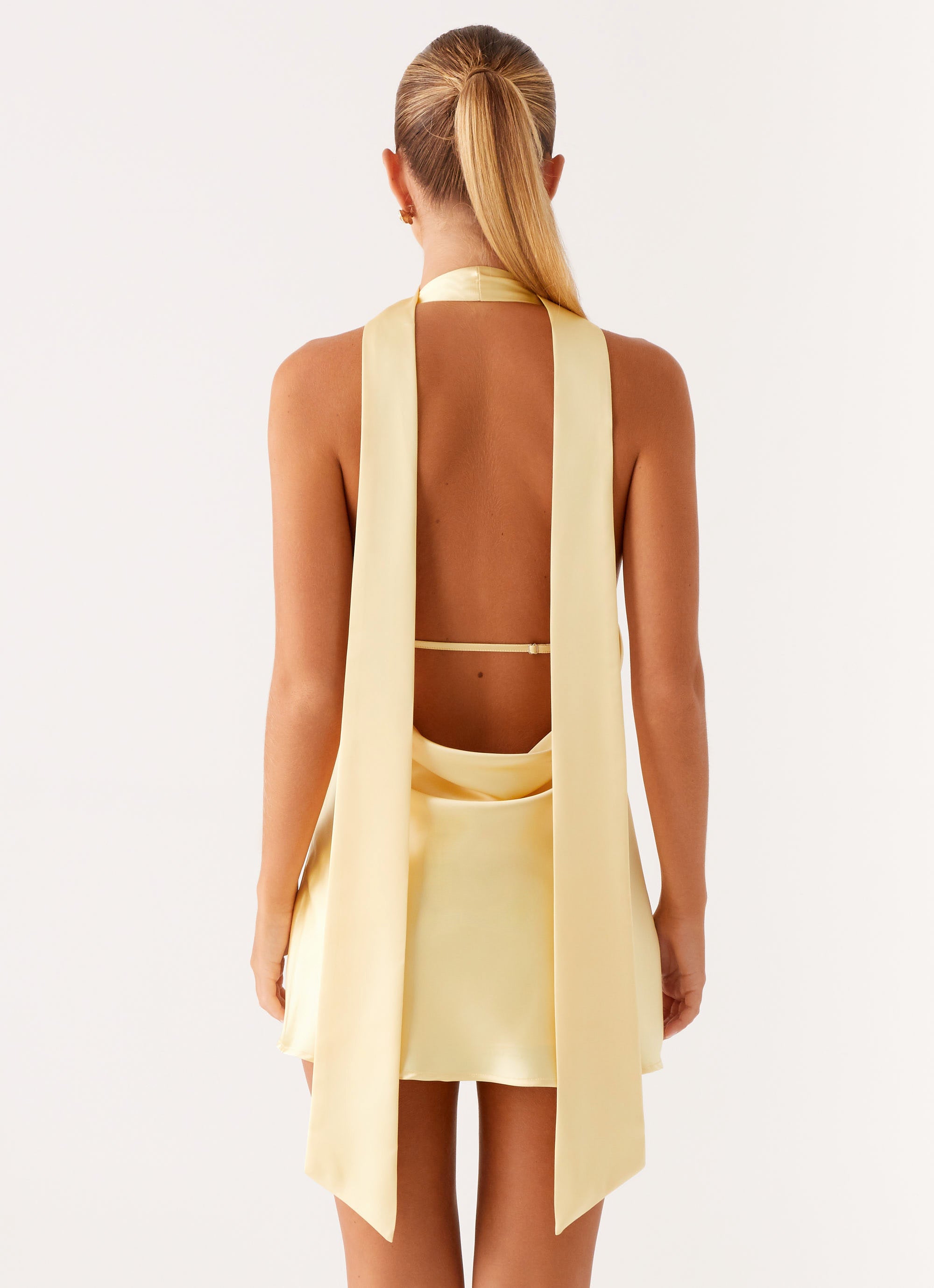 Alicia Satin Halter Mini Dress in Pastel Yellow - Elegant Summer Party Cocktail Dress for Women