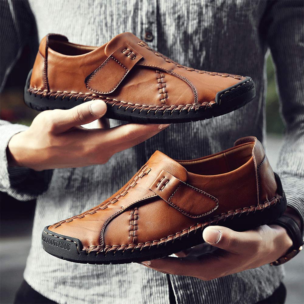 JEBU Men's Leather Slip-On Loafers - Handmade Genuine Leather Lightweight Comfortable Casual Shoes for Business, Travel & Outdoor Walking