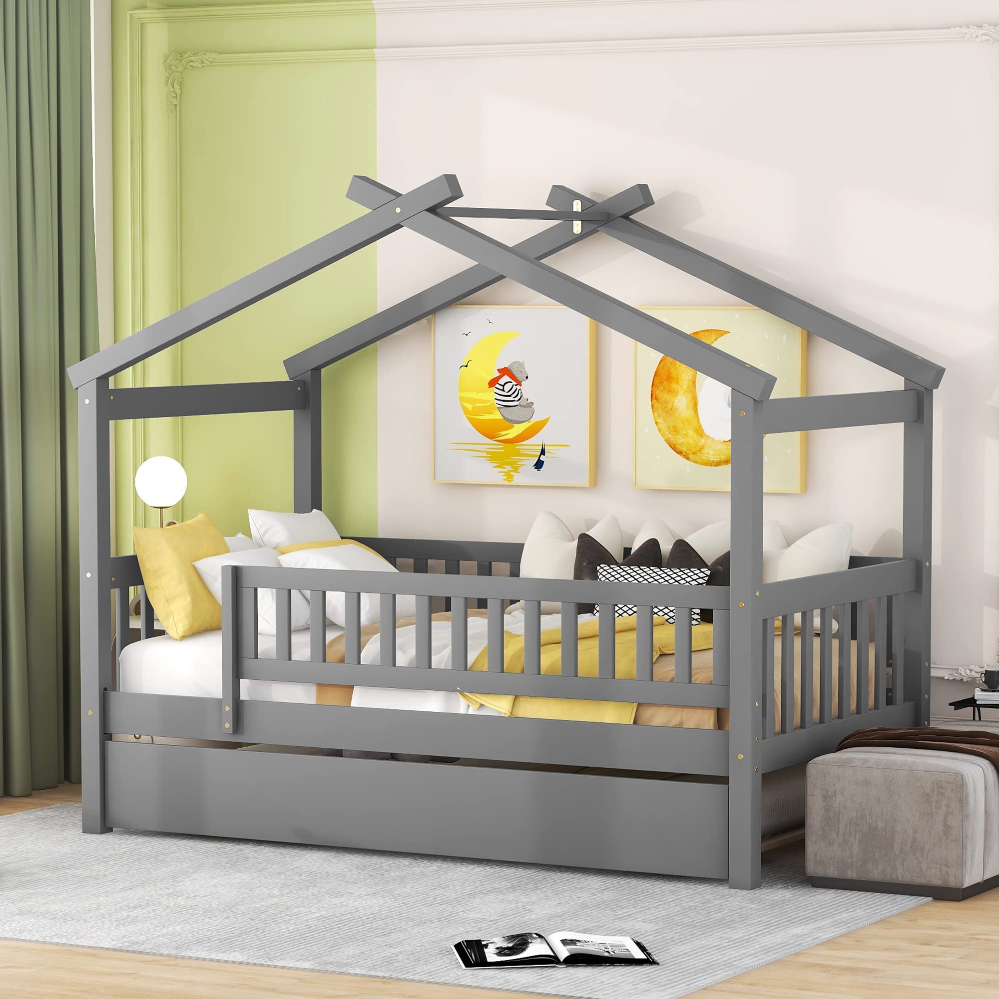 Merax Twin Size Wooden House Bed with Trundle - Sturdy Wood Bed Frame with Roof & Safety Guardrails for Kids, Teens, Boys & Girls - Grey - Perfect for Bedrooms, Playrooms & Sleepovers