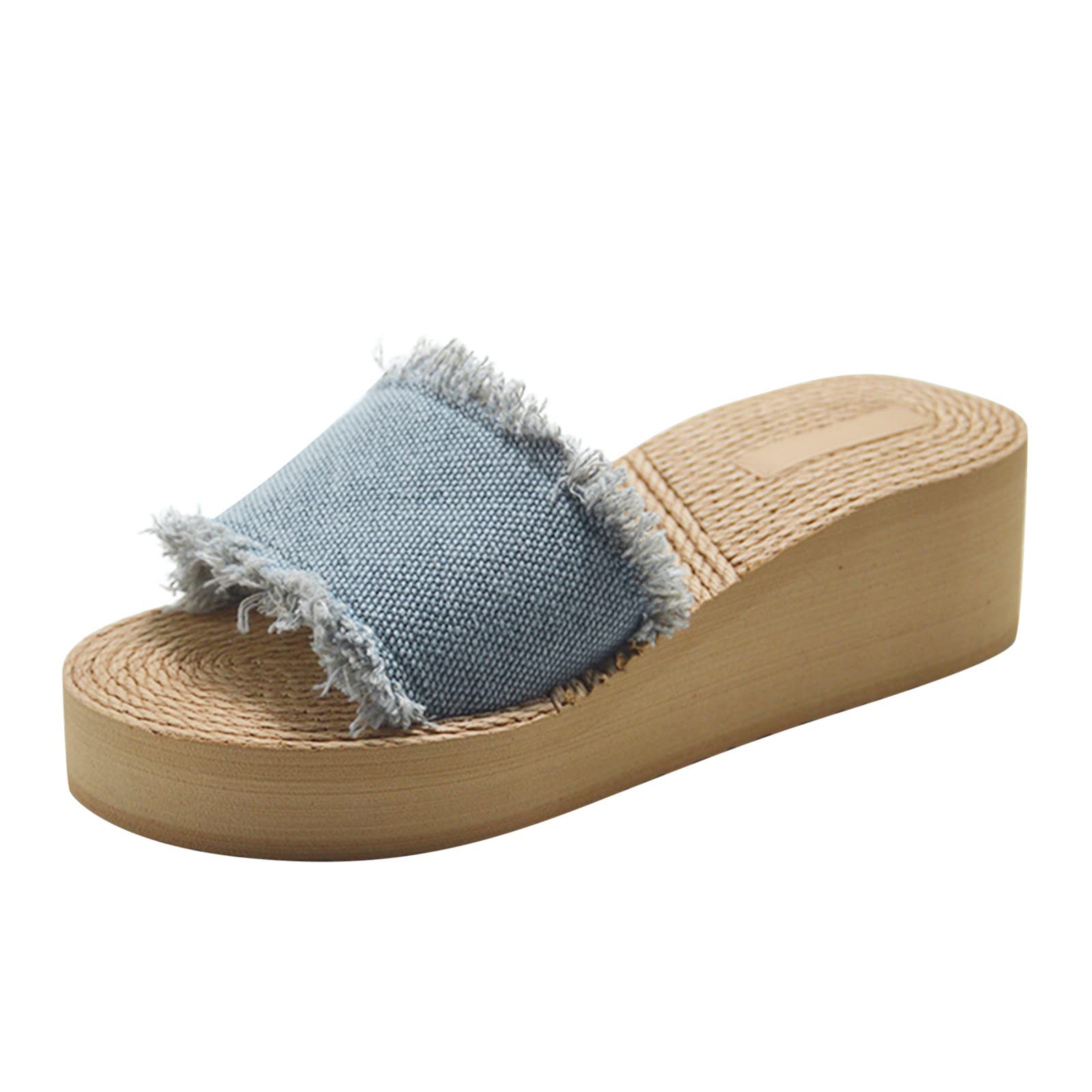 **Potton Women's Blue Denim Wedge Sandals - Slip-On Beach Linen Slide Shoes for Summer, Casual Outings & Vacation**