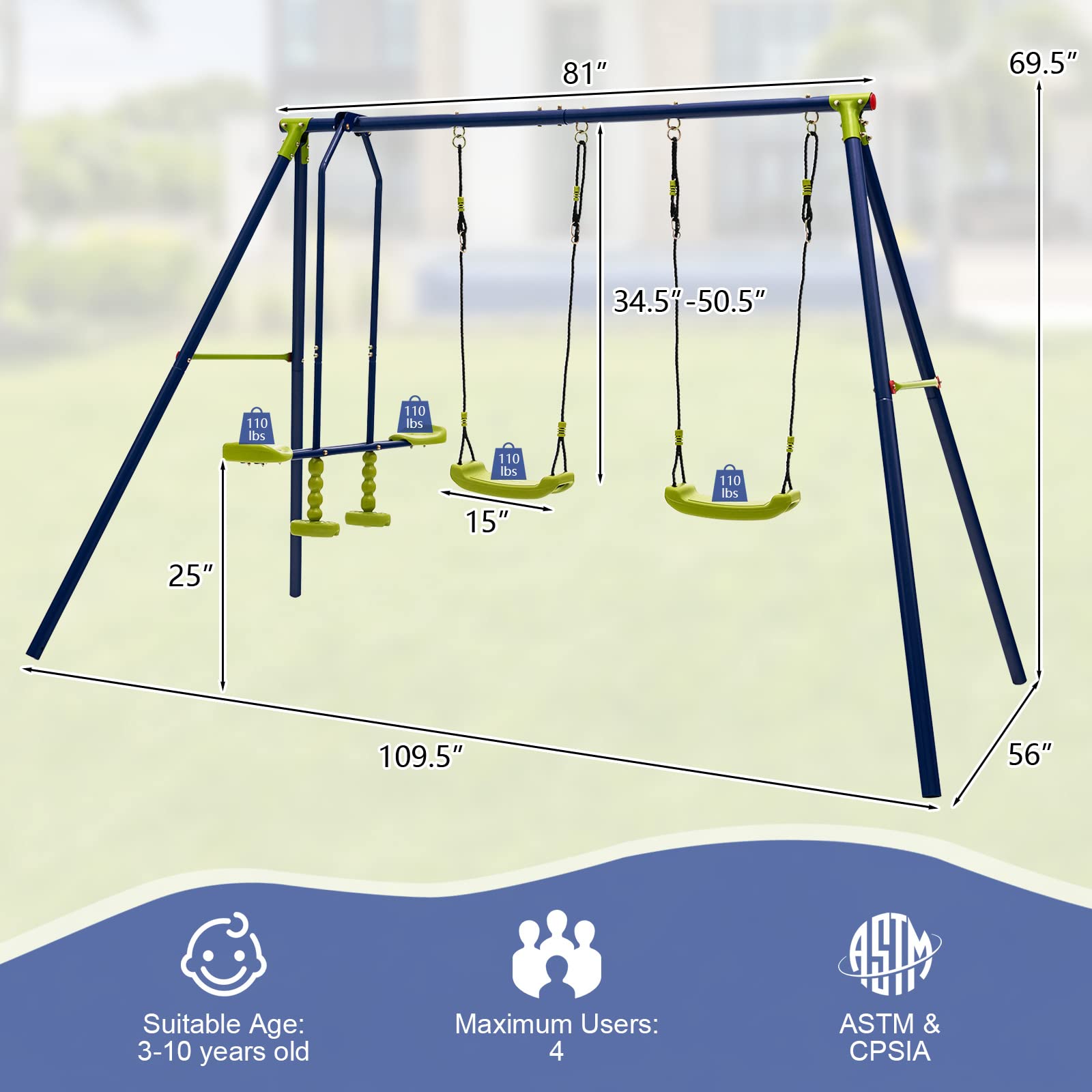 Costzon 440 lbs Heavy Duty 2-in-1 Metal Swing Set for Backyard - Extra Large Outdoor Playground Equipment with 2 Swings, Glider & Adjustable Hanging Ropes - Durable Kids Swing Stand for Gardens, Parks & Play Areas